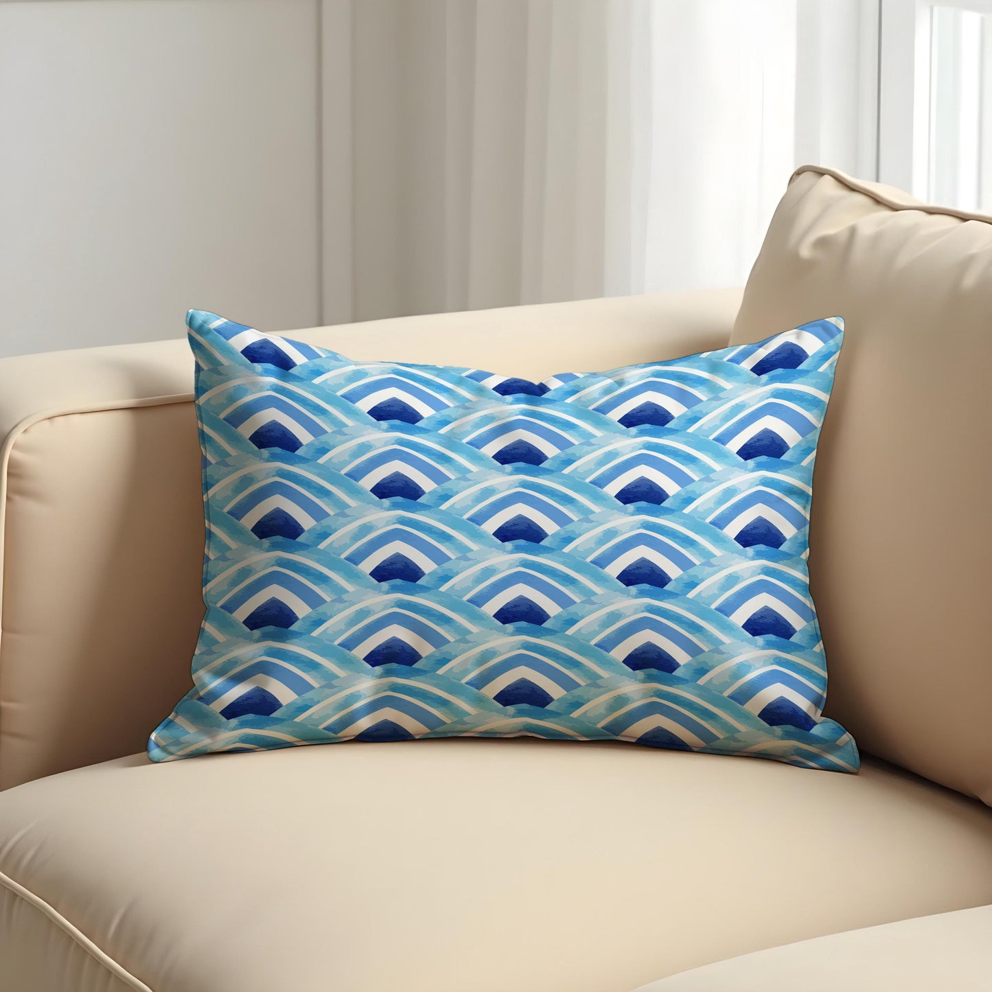 Blue Watercolor Wave Cushion Cover, Coastal Ocean Pillow Cover