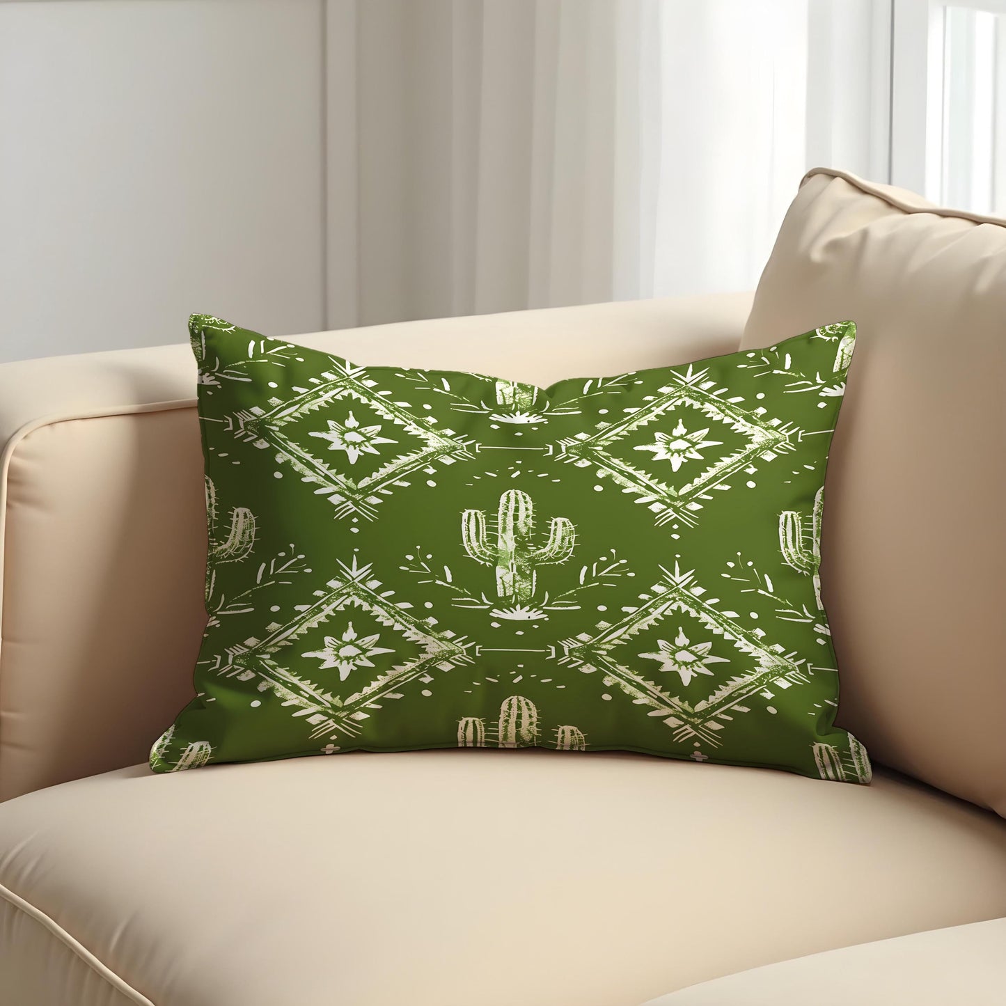 Green Southwestern Cushion Cover, Cactus and Tribal Print Pillow Case