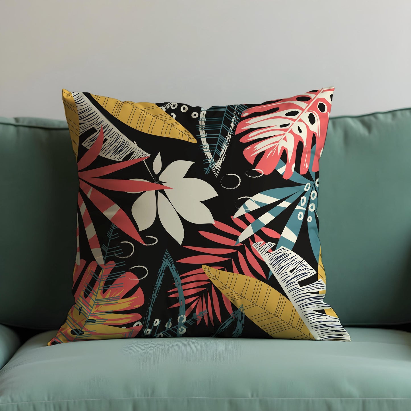 Tropical Jungle Cushion Cover, Bold Colorful Leaf Print Pillow Cover