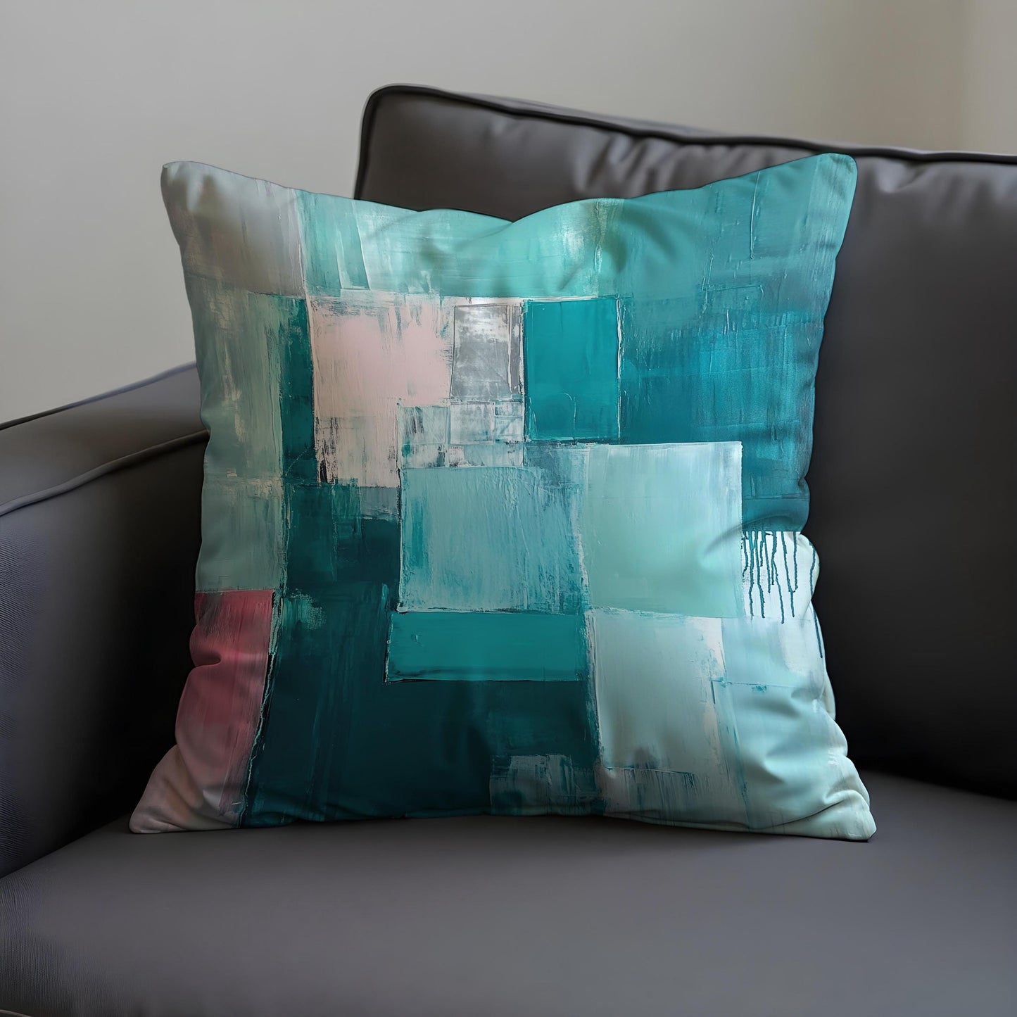 Teal Abstract Blocks Cushion Cover, Modern Textured Throw Pillow Cover