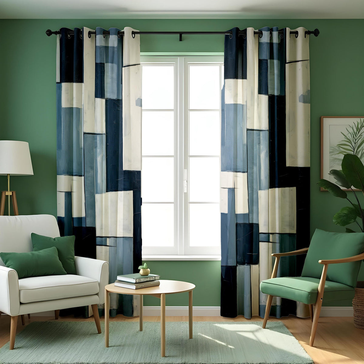 Navy & Ivory Block Pattern Curtains, Modern Custom Drapes