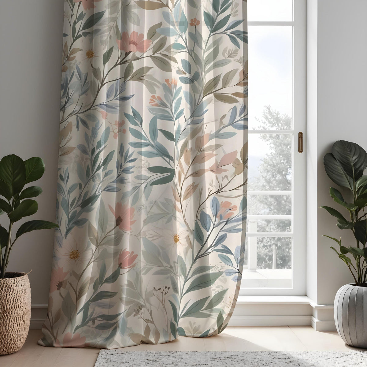 Soft Pastel Botanical Curtains, Leaf & Flower Custom Drapes