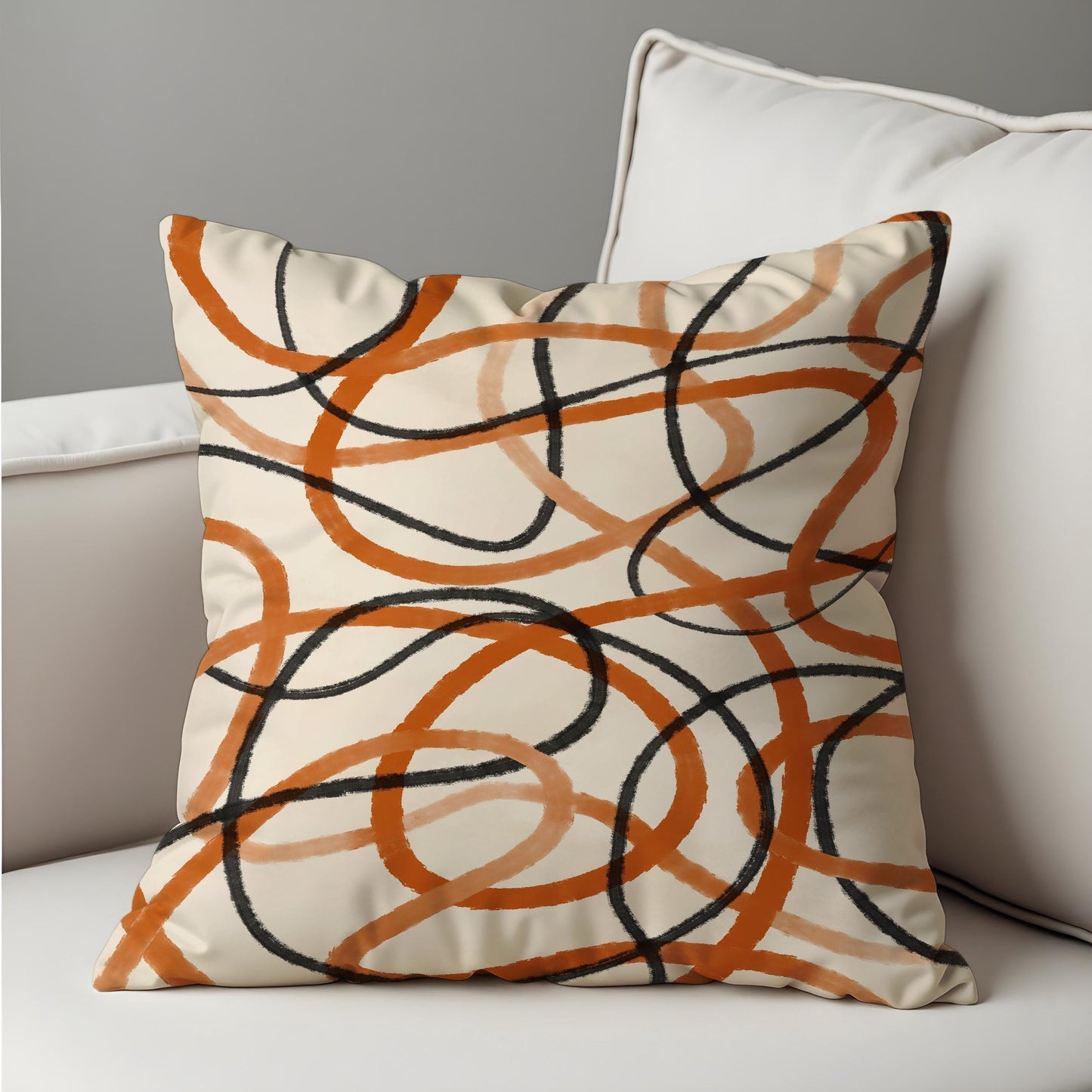 Modern Abstract Line Cushion Cover, Black & Rust Scribble Loops Pillow Case