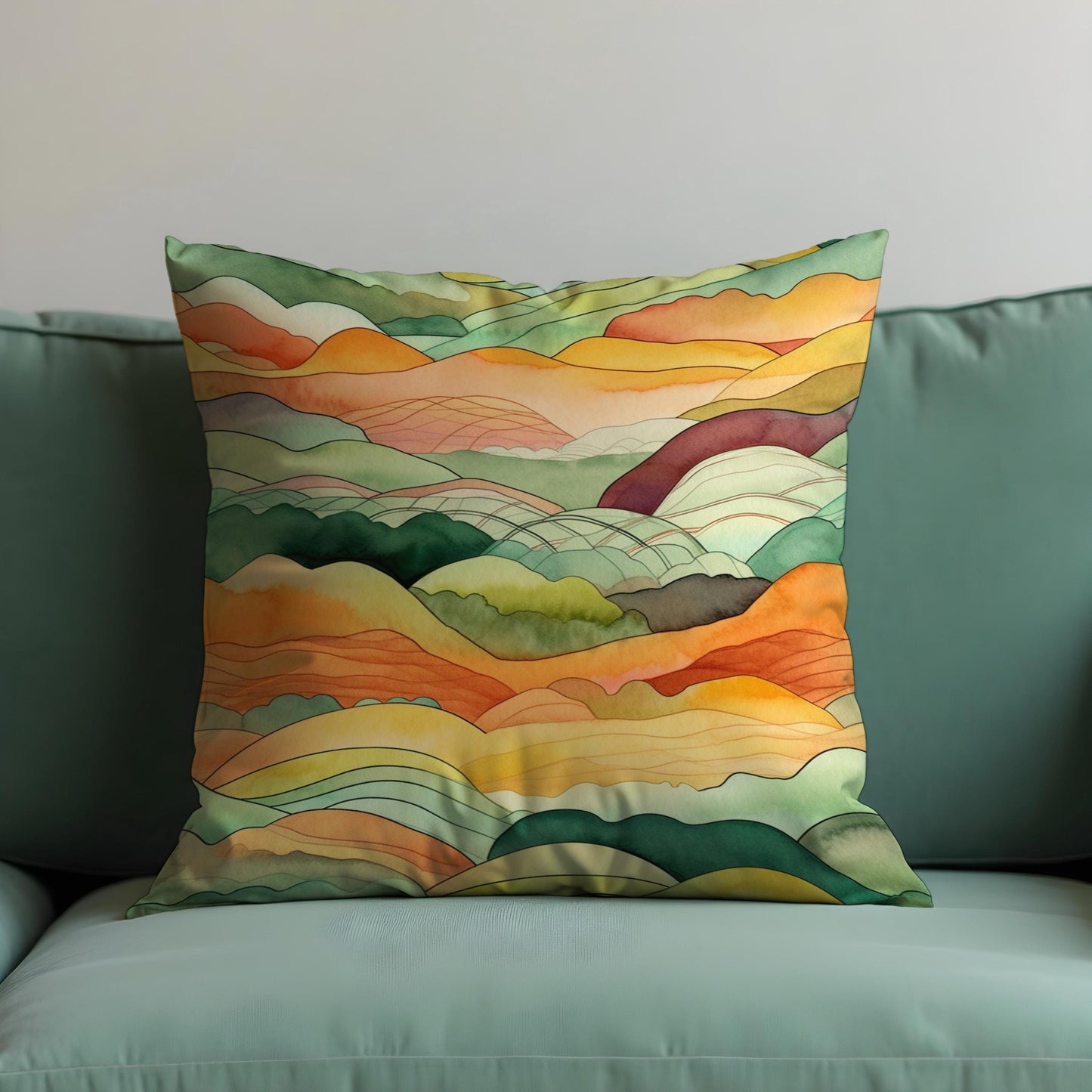 Watercolor Hills Cushion Cover, Autumn Landscape Pillow Case