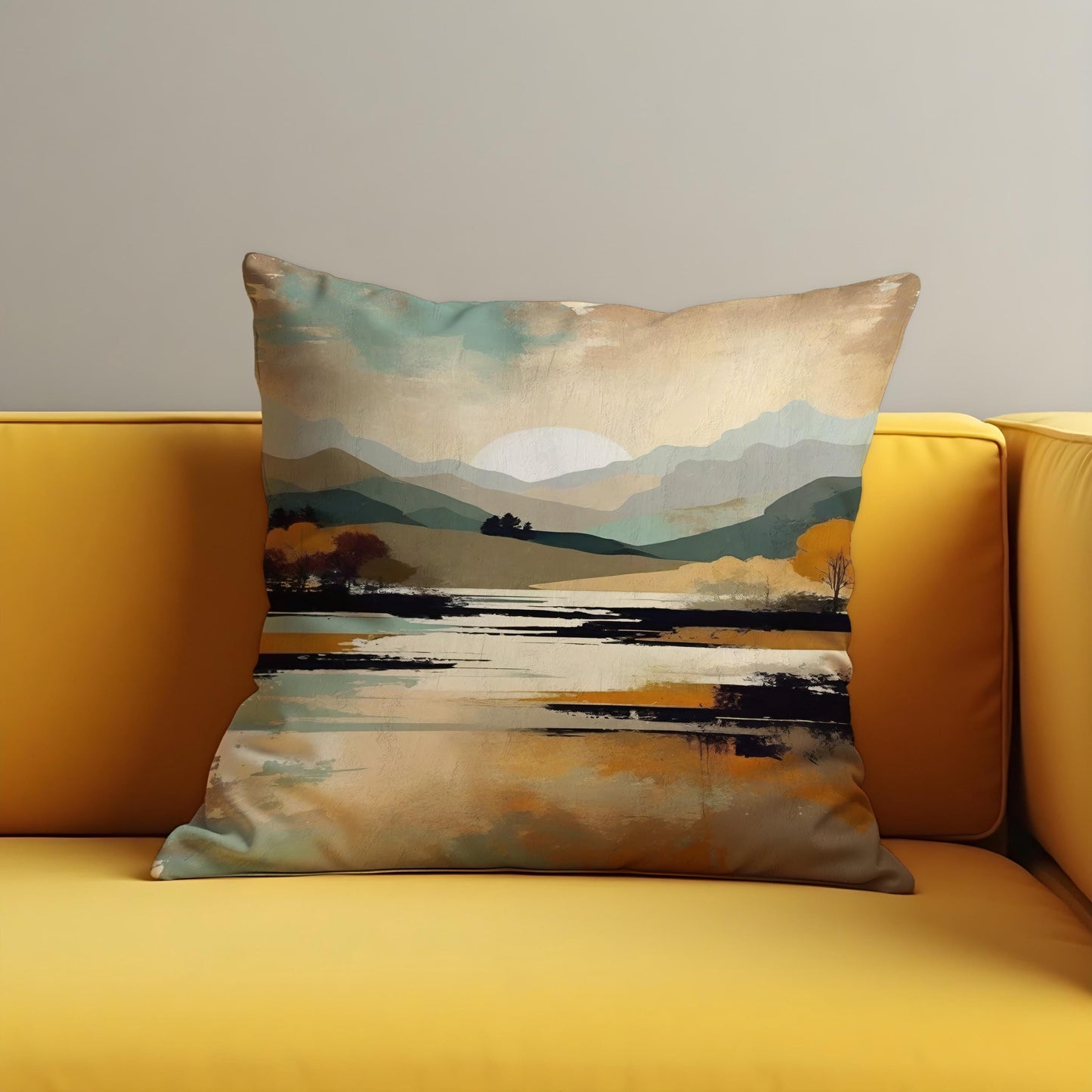 Serene Mountain Landscape Cushion Cover, Trees & Sunset Pillow Case