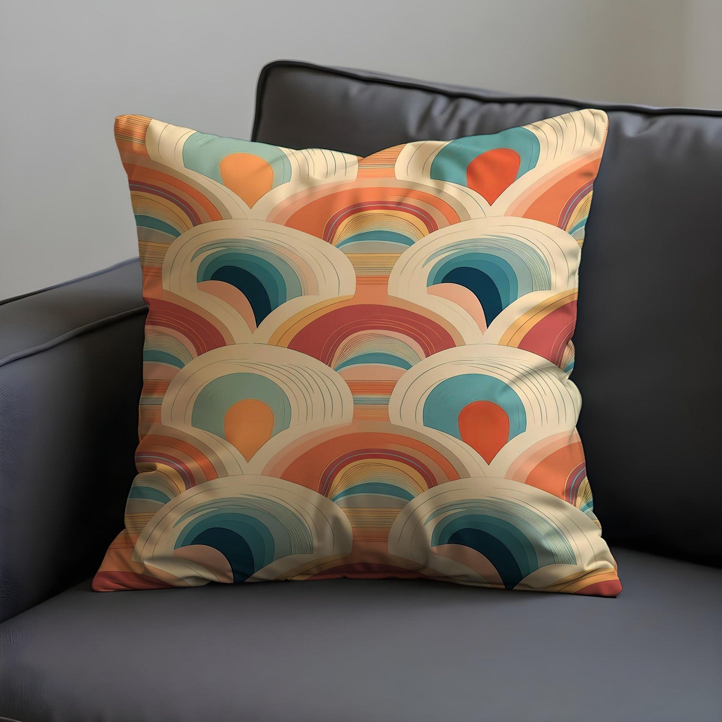 Retro Rainbow Cushion Cover, Coral Abstract Arcs Pillow Case