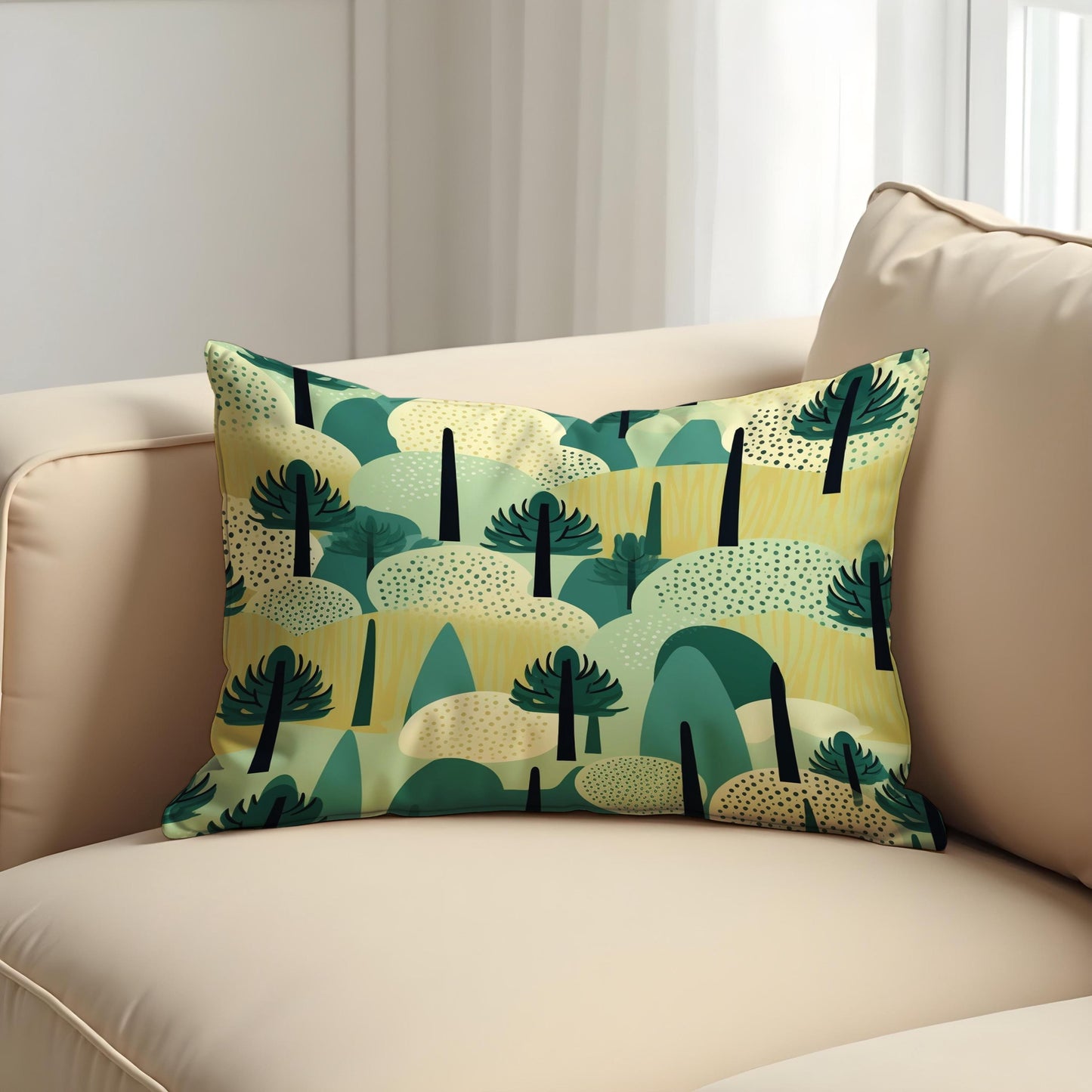 Abstract Forest Cushion Cover, Modern Tree & Hills Landscape Pillowcase