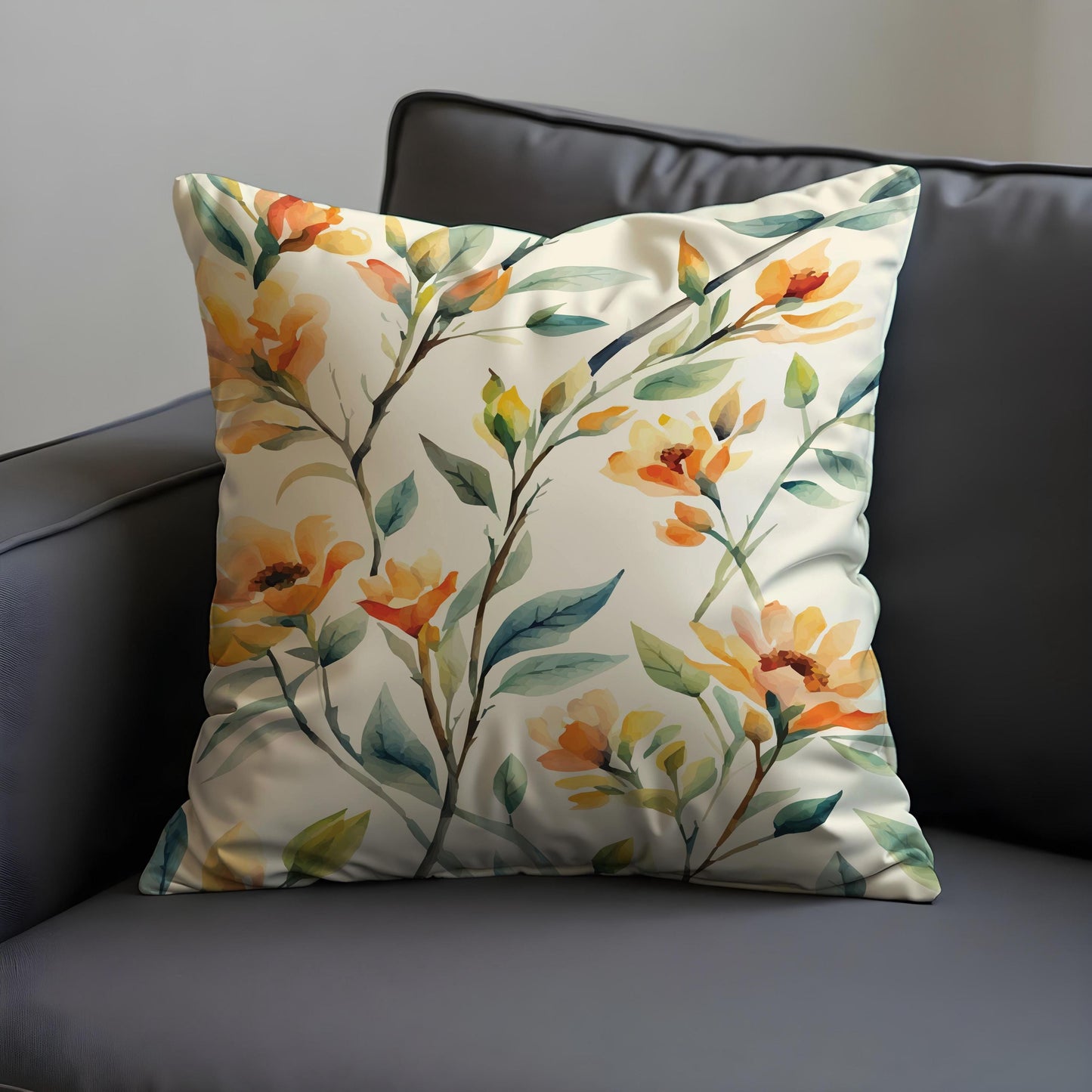 Spring Floral Cushion Cover, Orange & Yellow Watercolor Flowers Pillow Case