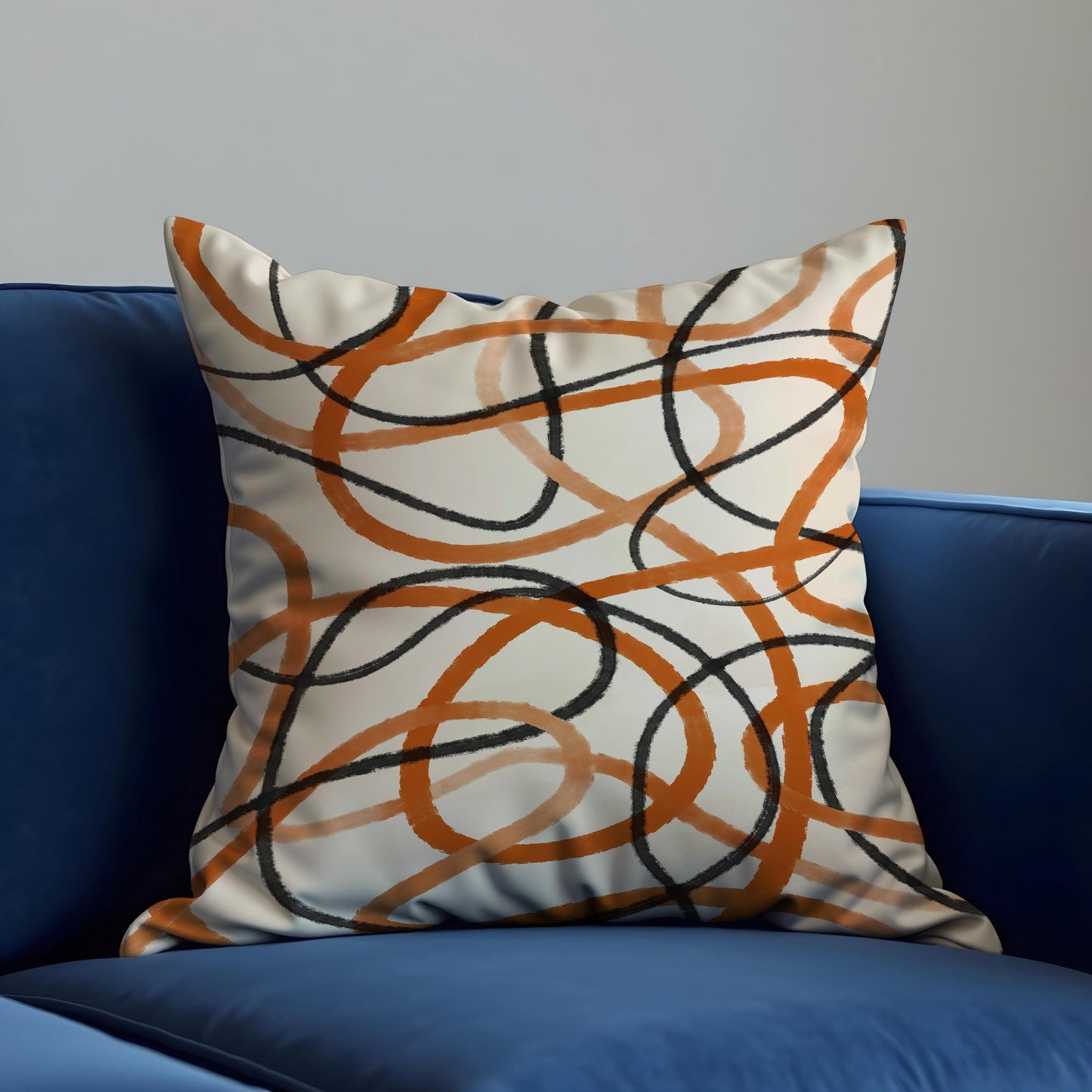 Modern Abstract Line Cushion Cover, Black & Rust Scribble Loops Pillow Case