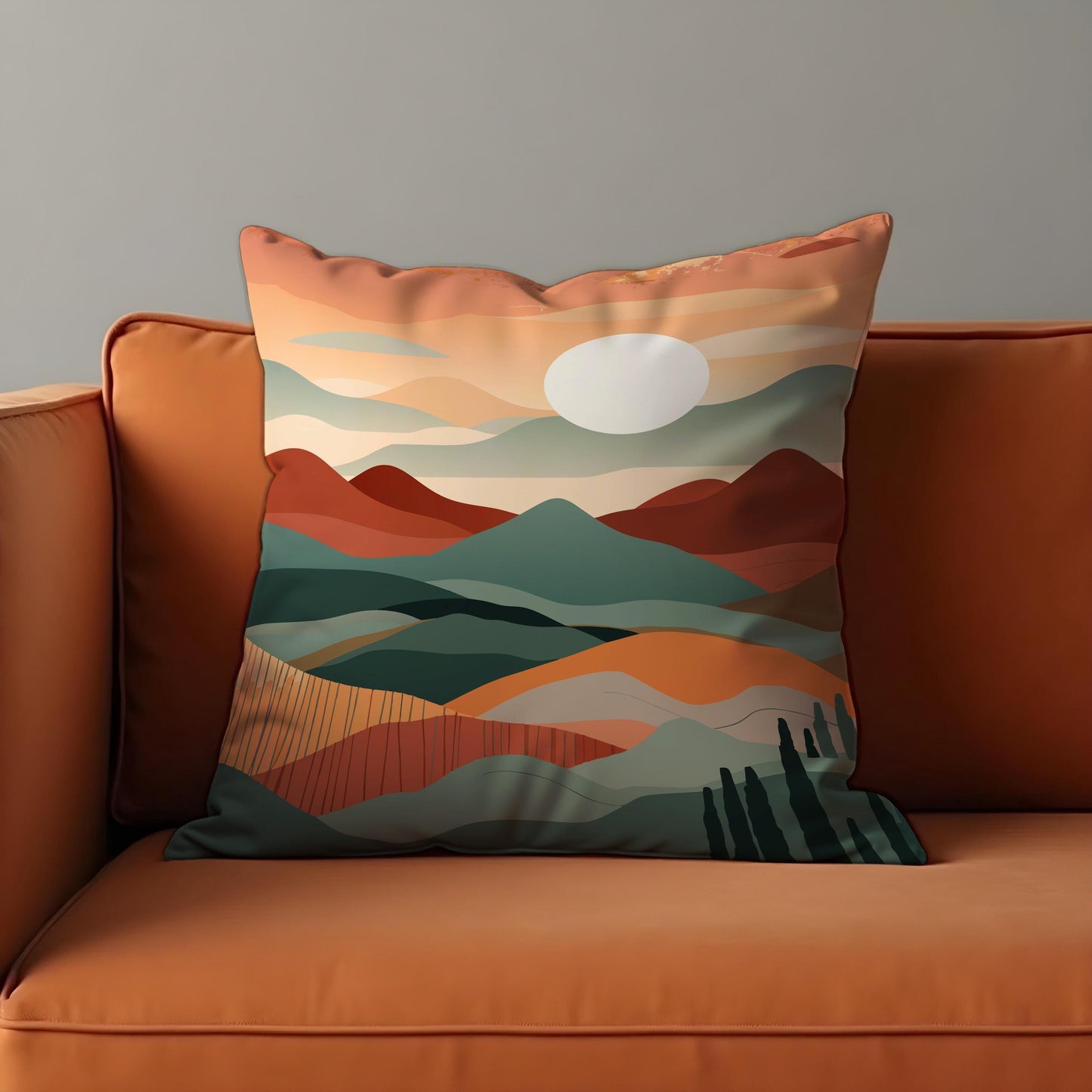 Minimalist Landscape Cushion Cover, Earthy Sunset Scene Pillowcase