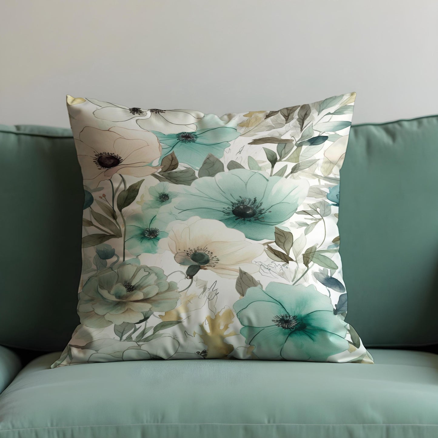 Aqua Floral Cushion Cover, Teal & Sage Watercolor Flowers Pillow Case