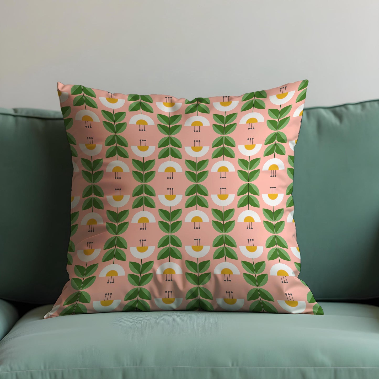 Retro Floral Cushion Cover, Green Leaf & Yellow Flower Pillow Case