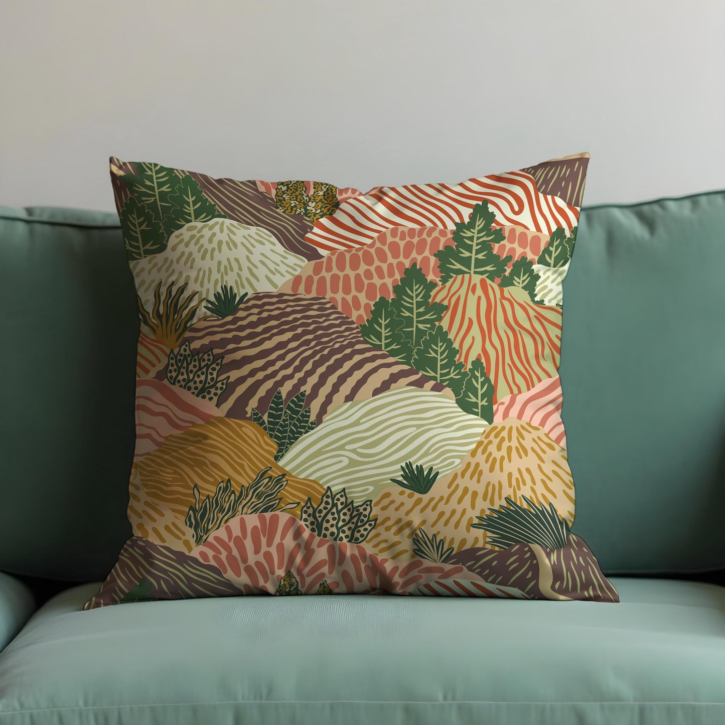 Botanical Landscape Cushion Cover, Earth Tone Nature Pillow Cover