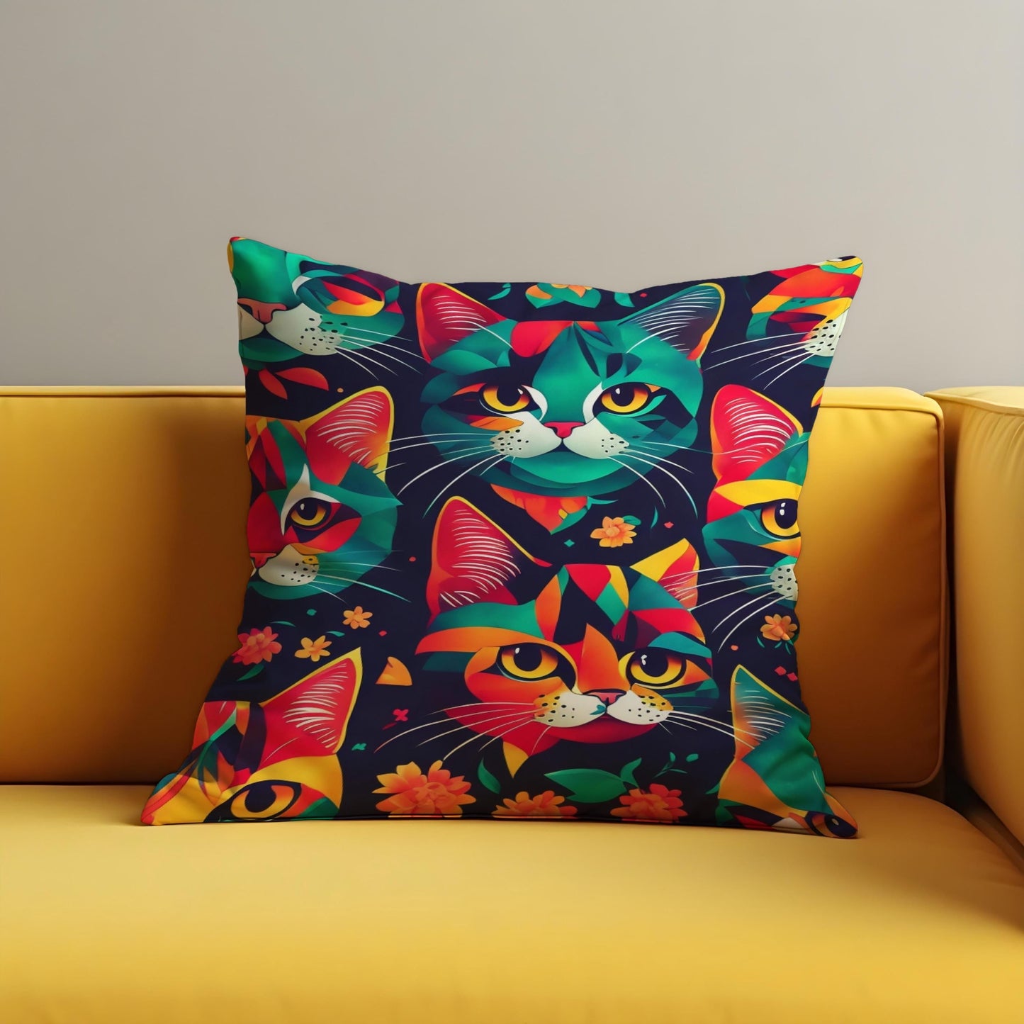 Colorful Cat Cushion Cover, Bold Abstract Kitty Faces Pillow Case