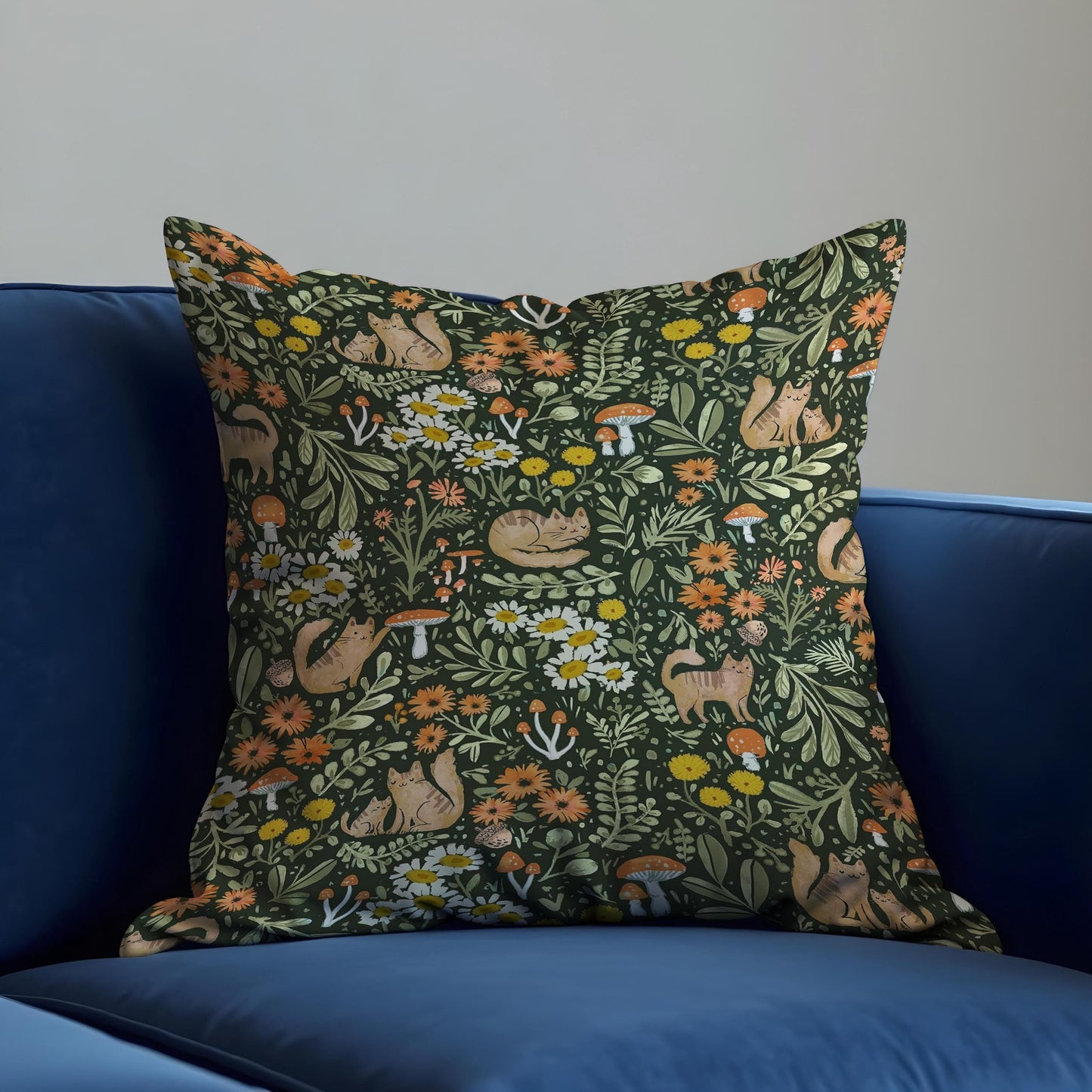 Whimsical Forest Cat Cushion Cover, Woodland Animals Pillow Case