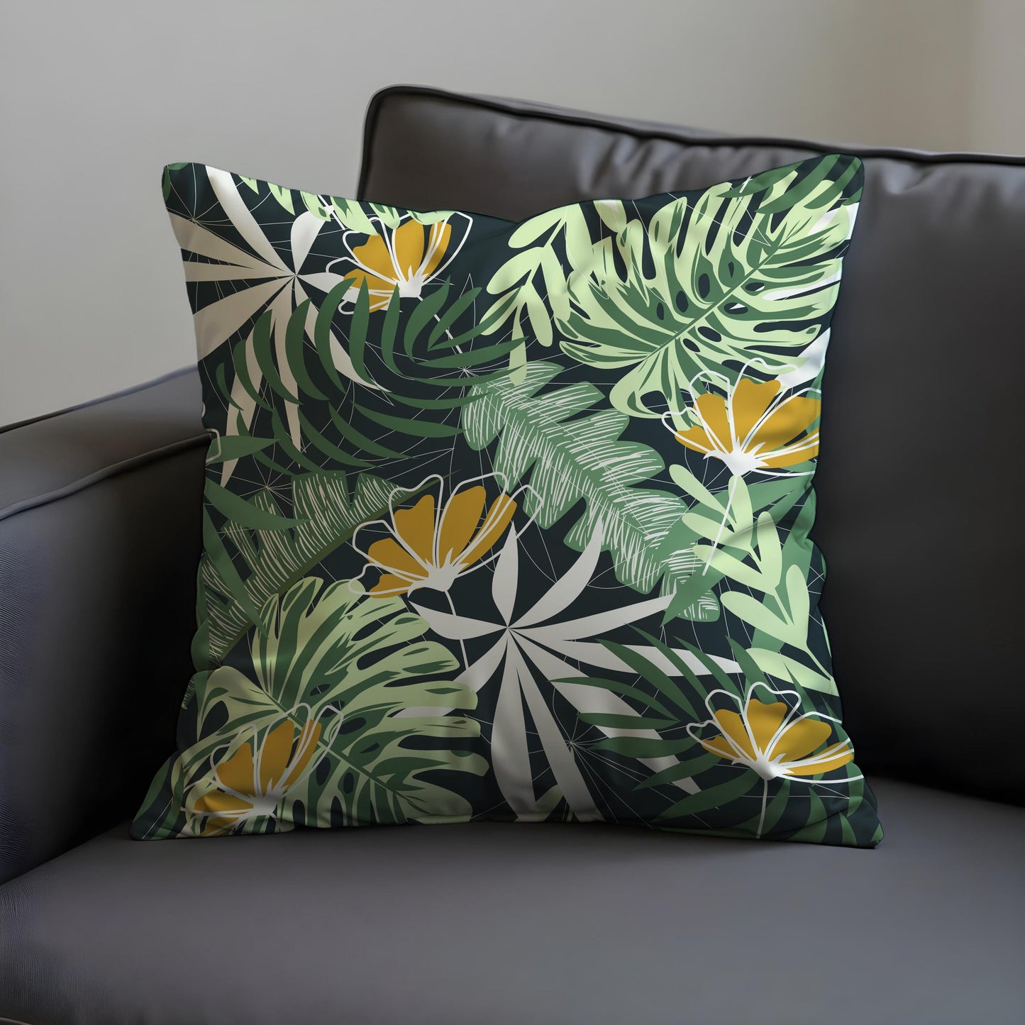 Tropical Floral Cushion Cover, Green Jungle Leaves Pillow Cover