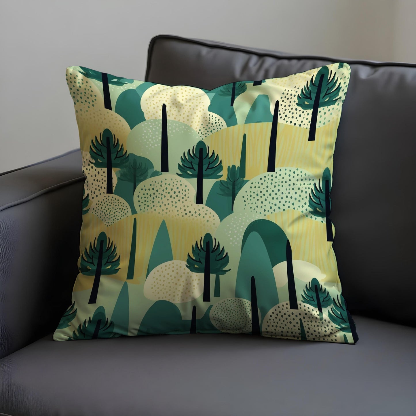Abstract Forest Cushion Cover, Modern Tree & Hills Landscape Pillowcase
