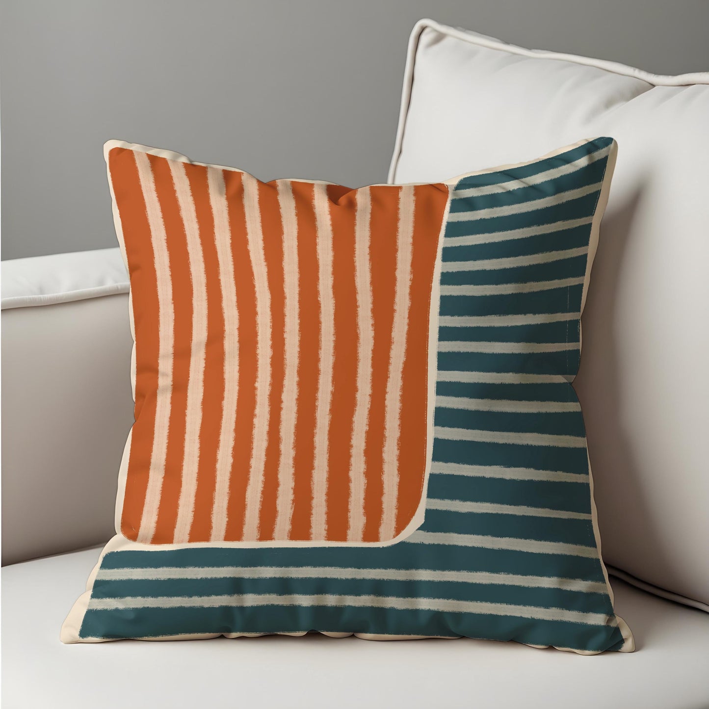 Mid Century Modern Striped Cushion Cover, Rust Orange & Teal Pillow Cover
