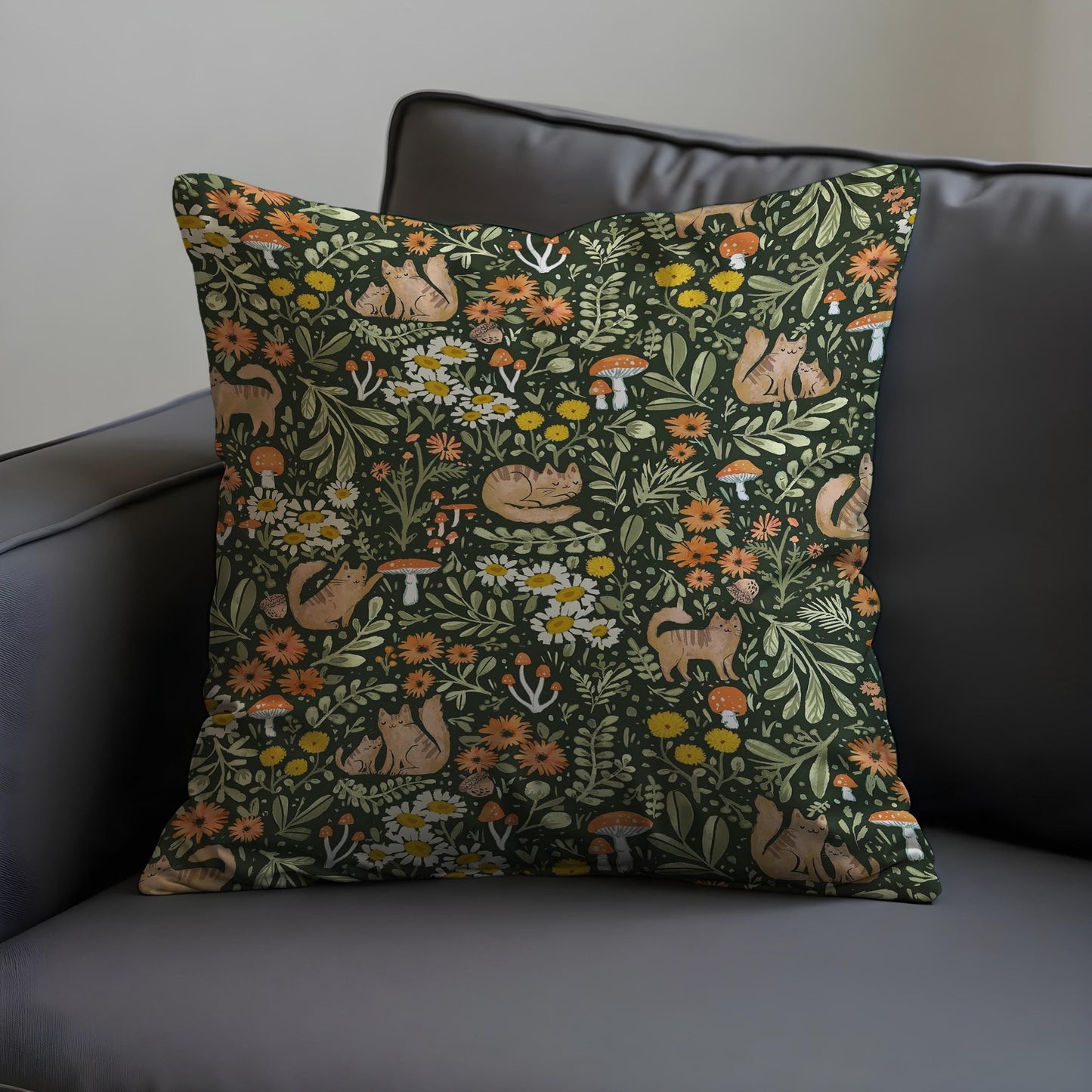 Whimsical Forest Cat Cushion Cover, Woodland Animals Pillow Case