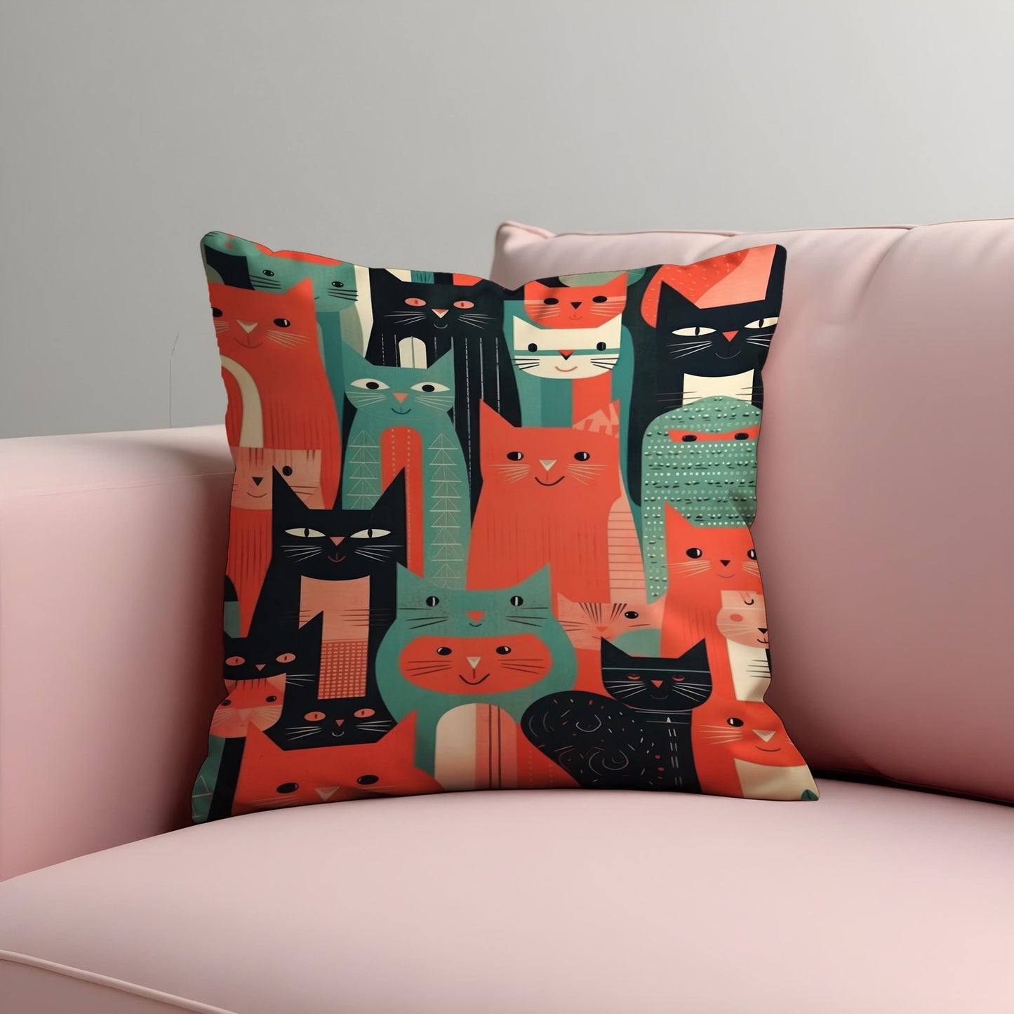 Colorful Cat Illustration Cushion Cover, Modern Retro Throw Pillow Cover