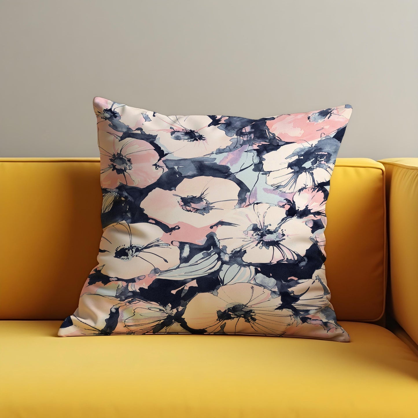 Watercolor Floral Cushion Cover, Blush & Navy Flower Print Pillowcase