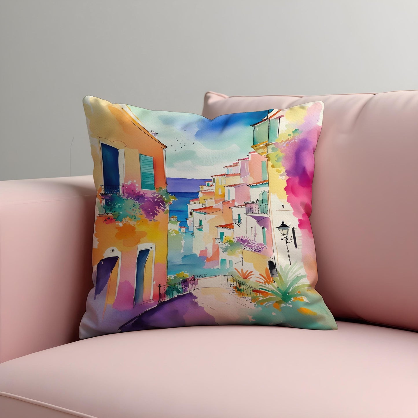 Coastal Town Cushion Cover, Mediterranean Street View Pillow Case