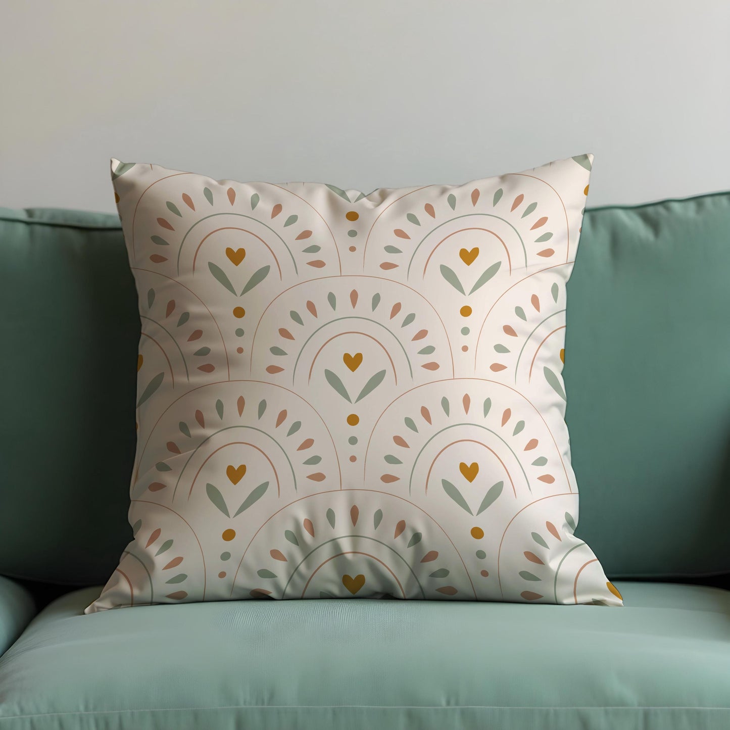 Boho Rainbow Cushion Cover, Arches with Heart & Leaf Motif Pillow Case