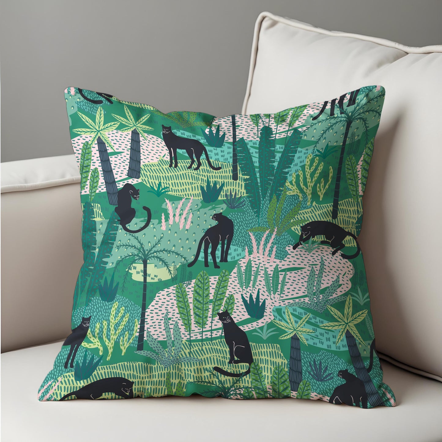 Jungle Panther Cushion Cover, Green Tropical Safari Pillow Cover