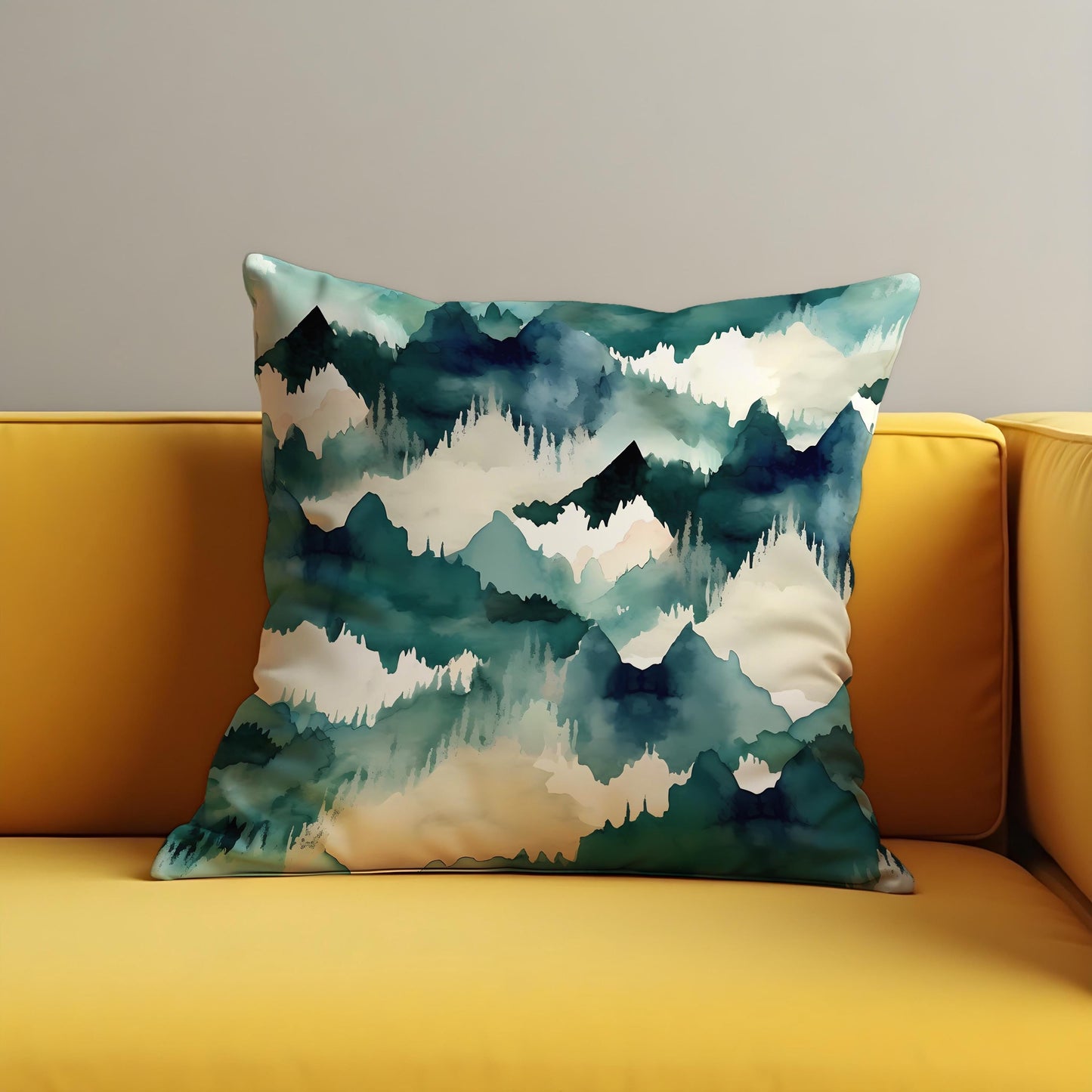 Watercolor Mountain Cushion Cover, Blue Green Forest Landscape Pillow Case