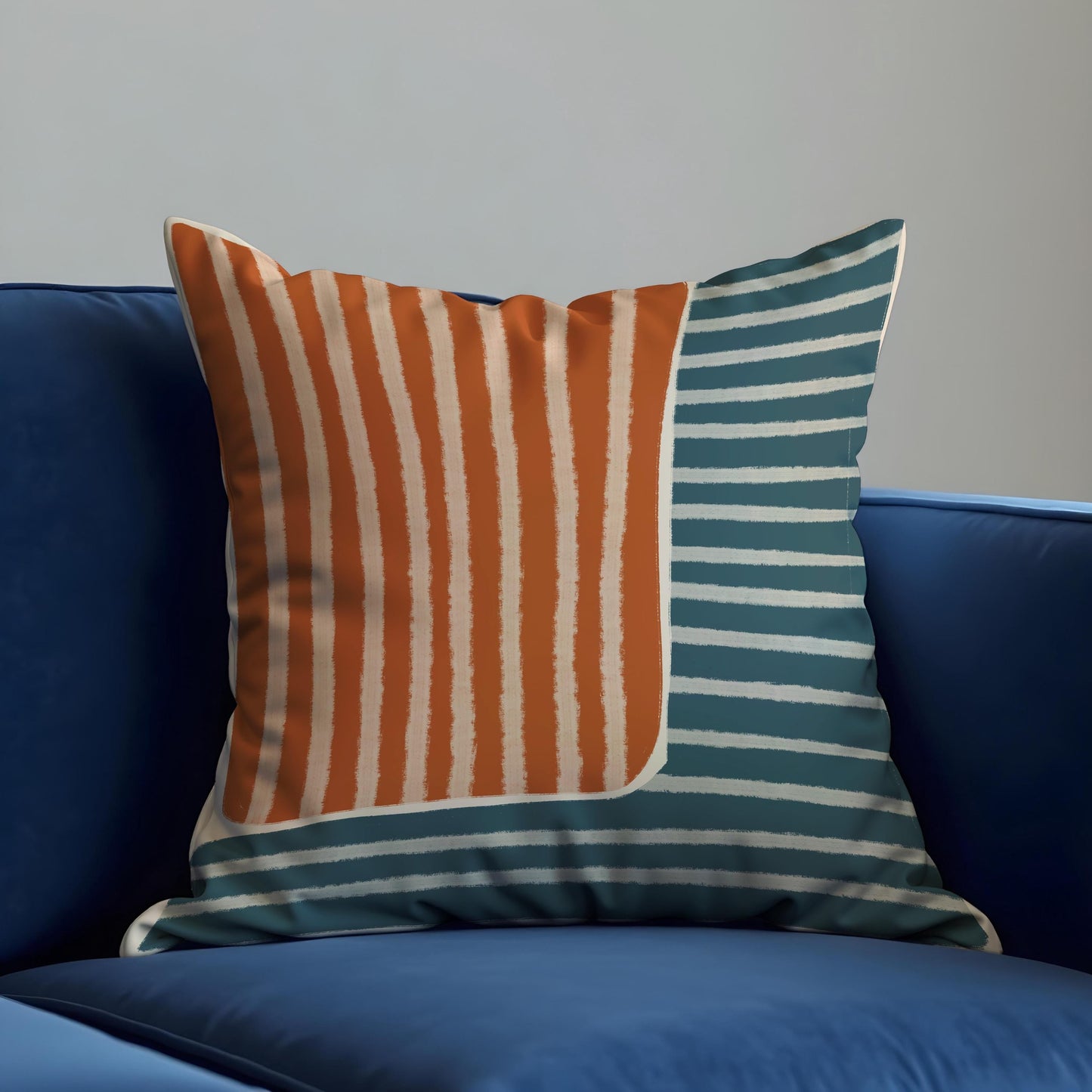 Mid Century Modern Striped Cushion Cover, Rust Orange & Teal Pillow Cover