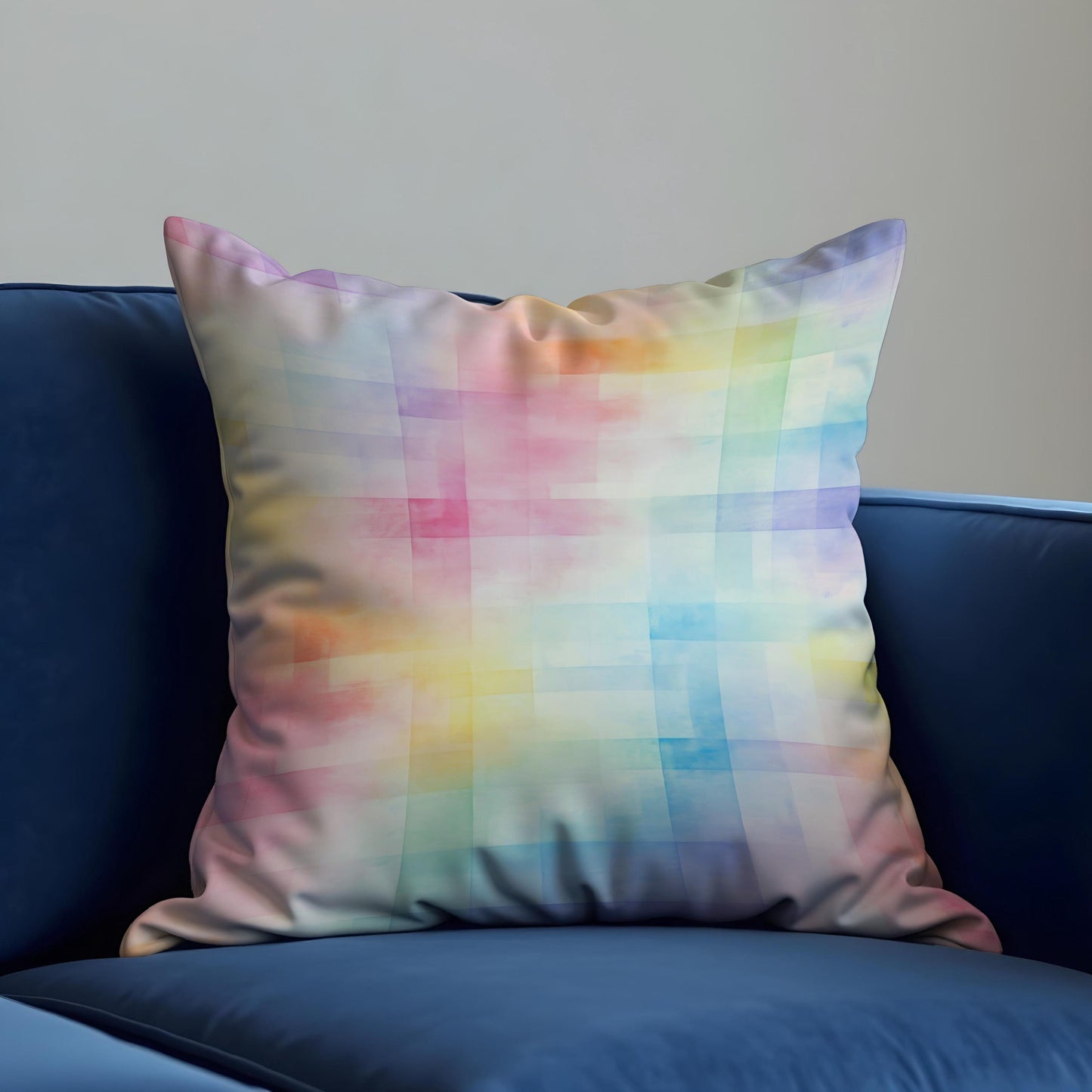Pastel Rainbow Cushion Cover, Soft Watercolor Grid Throw Pillow Cover