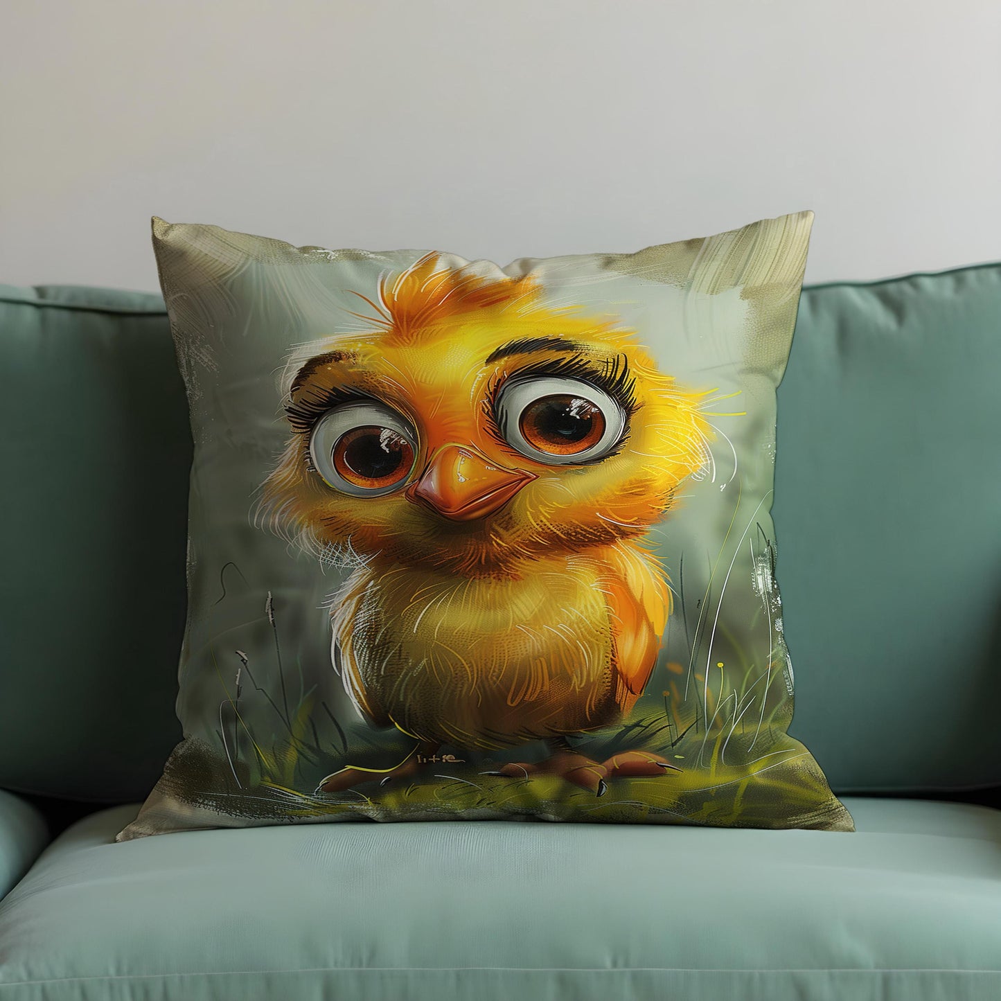 Cute Baby Chick Cushion Cover, Cartoon Style Yellow Bird Pillow Cover