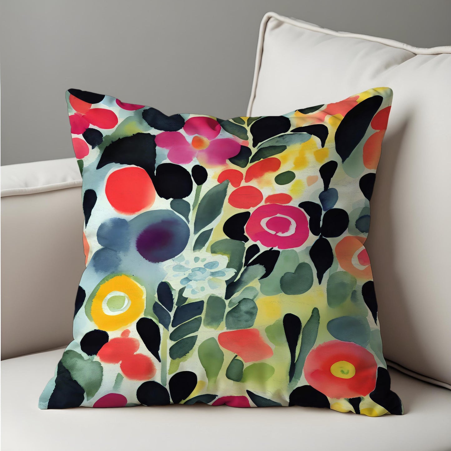 Watercolor Floral Cushion Cover, Colorful Botanical Throw Pillow Case