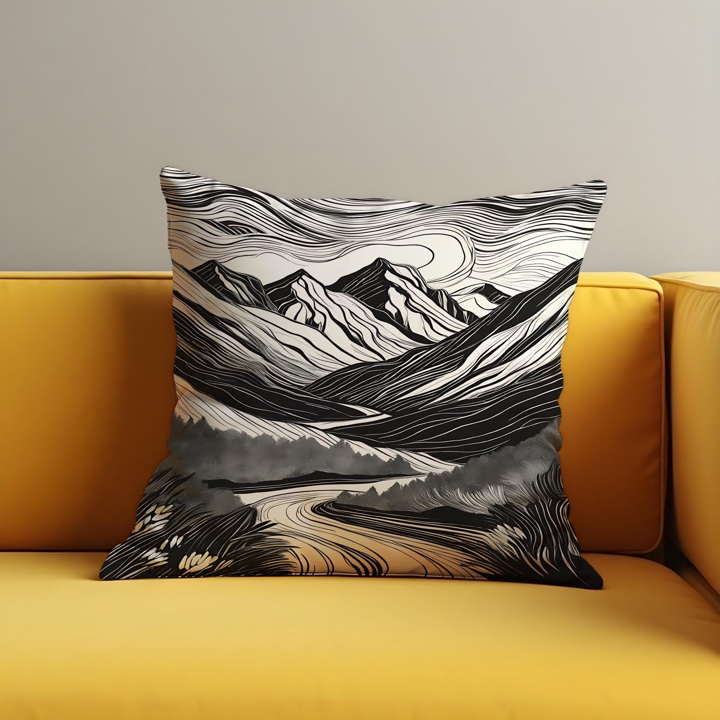 Black & White Mountain Cushion Cover, Monochrome Landscape Pillow Cover
