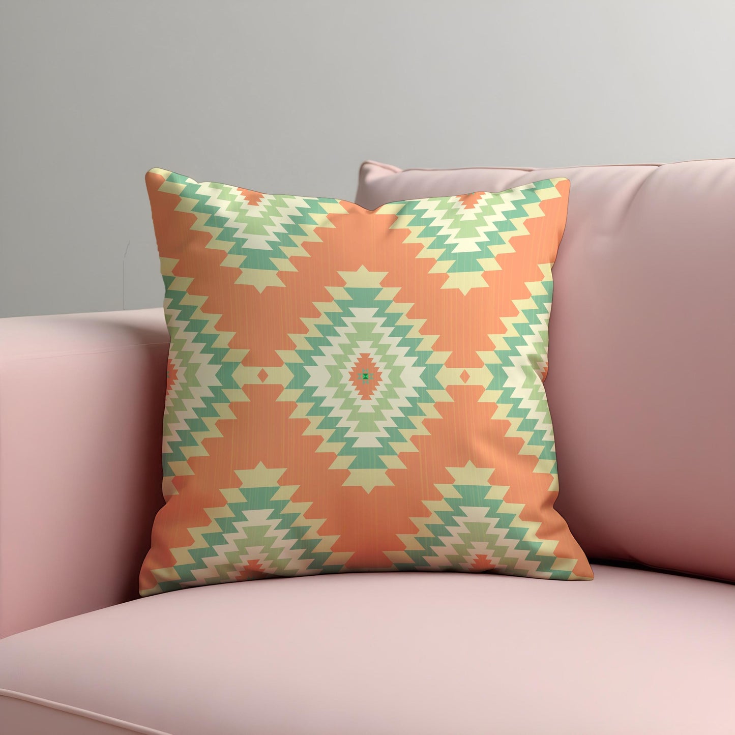 Southwestern Aztec Cushion Cover, Peach & Mint Tribal Throw Pillow Cover