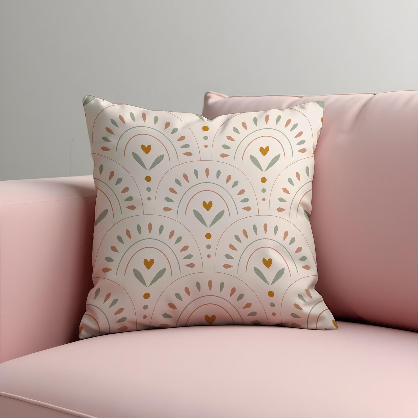 Boho Rainbow Cushion Cover, Arches with Heart & Leaf Motif Pillow Case