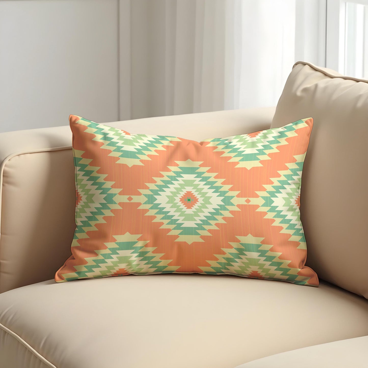 Southwestern Aztec Cushion Cover, Peach & Mint Tribal Throw Pillow Cover