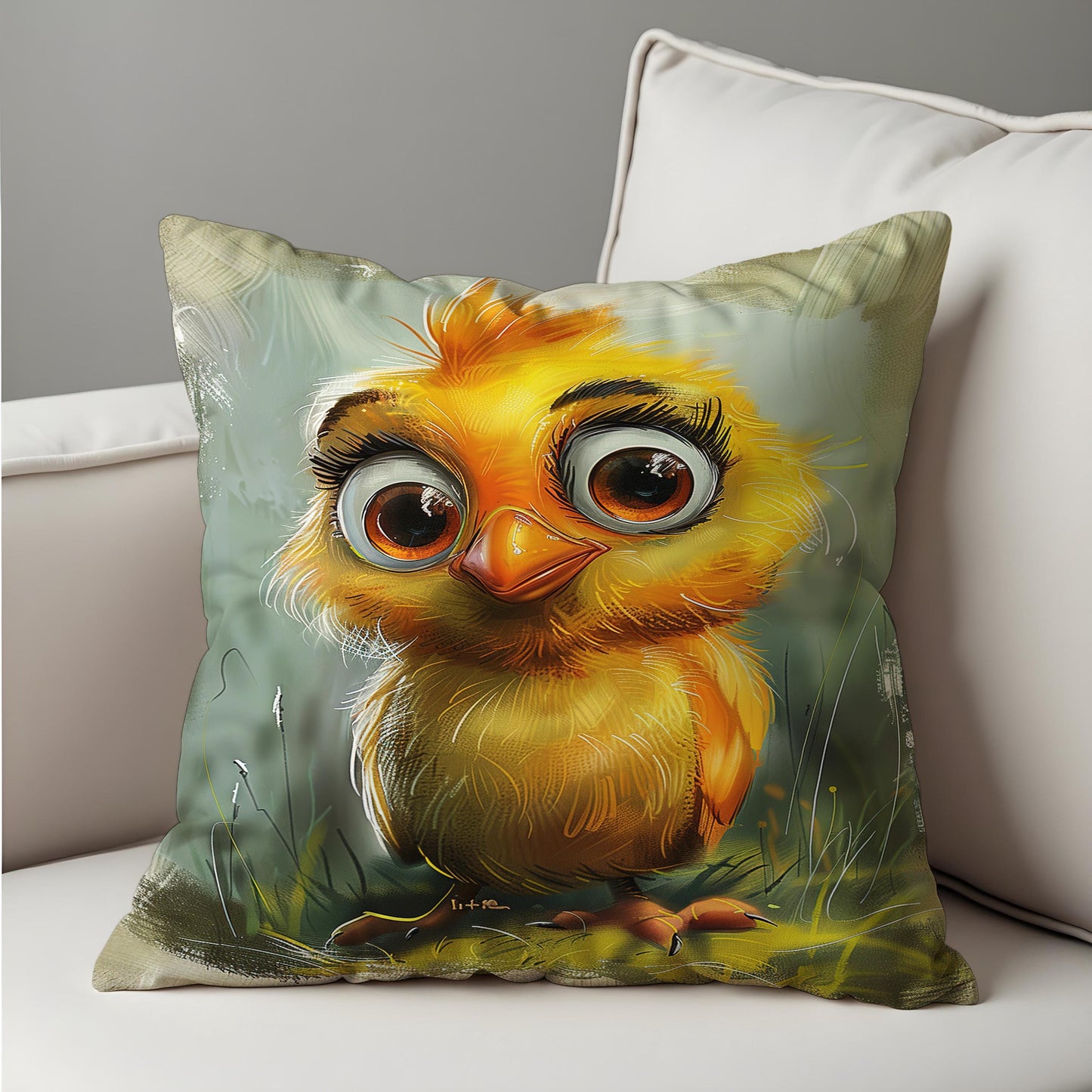 Cute Baby Chick Cushion Cover, Cartoon Style Yellow Bird Pillow Cover