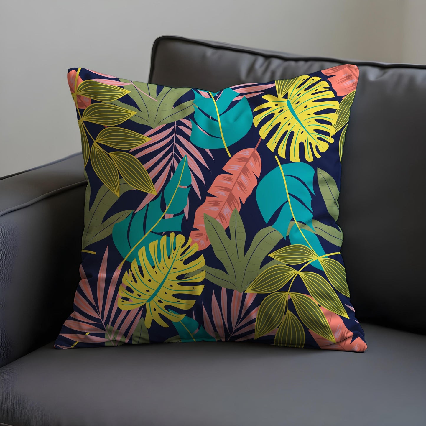 Colorful Tropical Leaf Cushion Cover, Jungle Botanical Pillow Cover