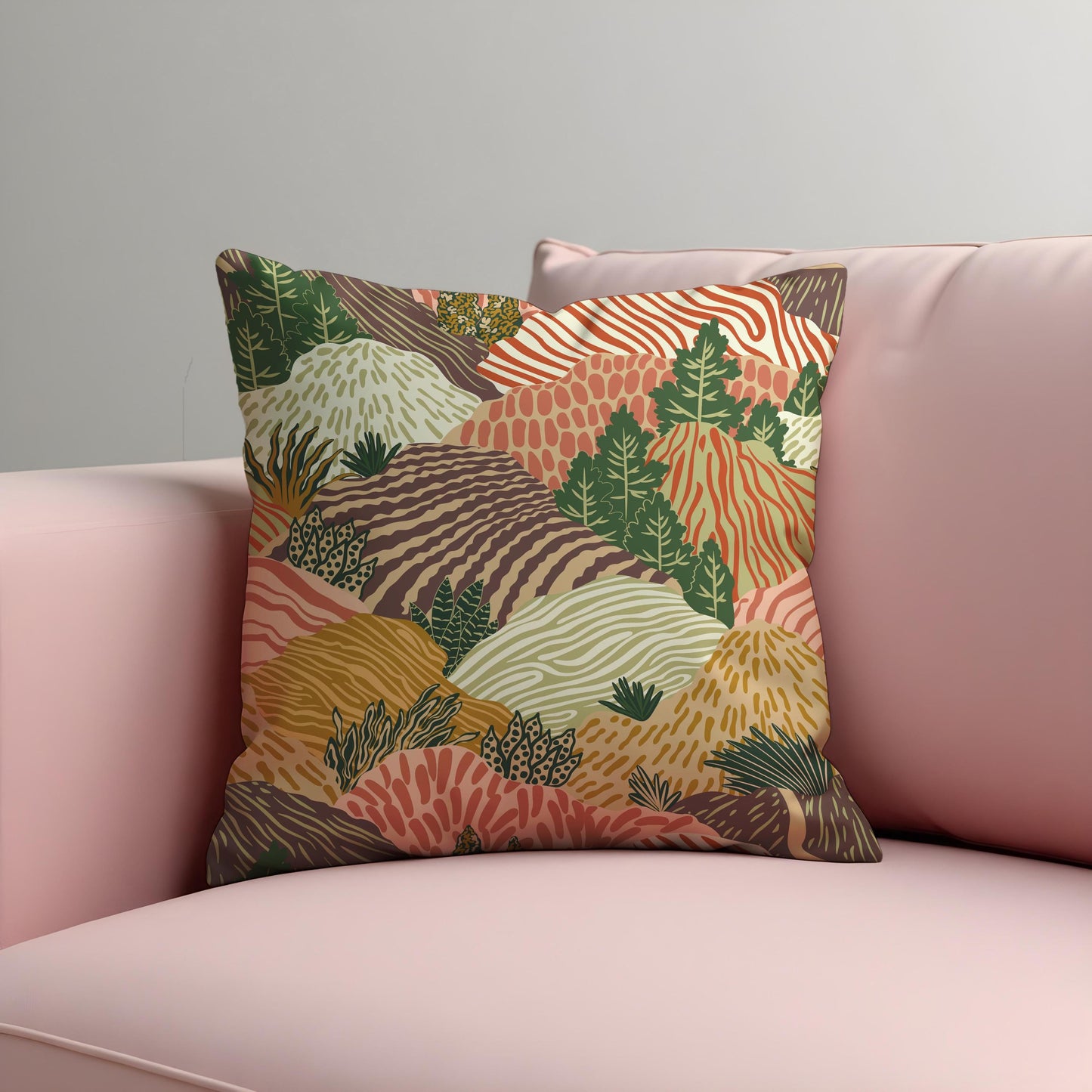 Botanical Landscape Cushion Cover, Earth Tone Nature Pillow Cover