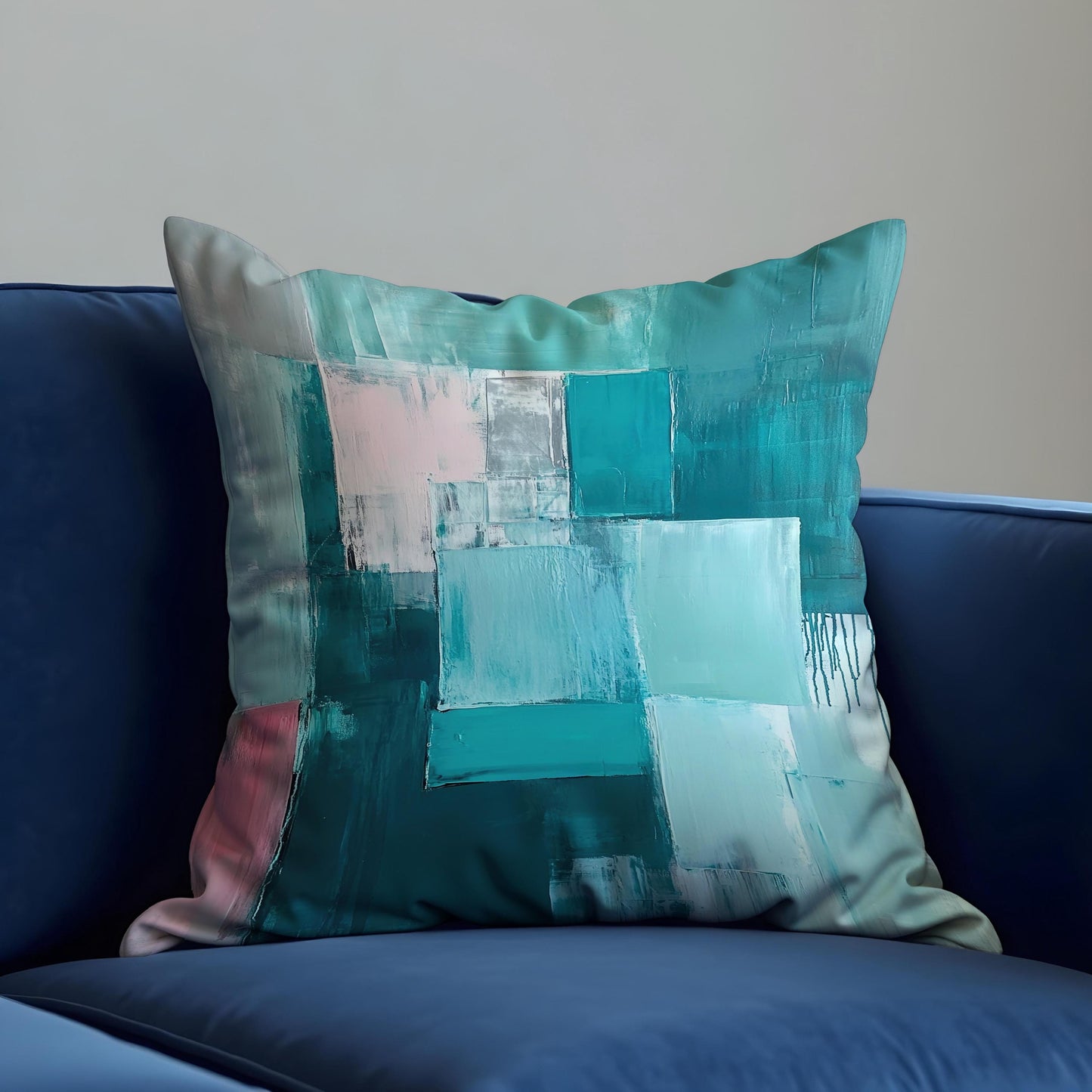 Teal Abstract Blocks Cushion Cover, Modern Textured Throw Pillow Cover