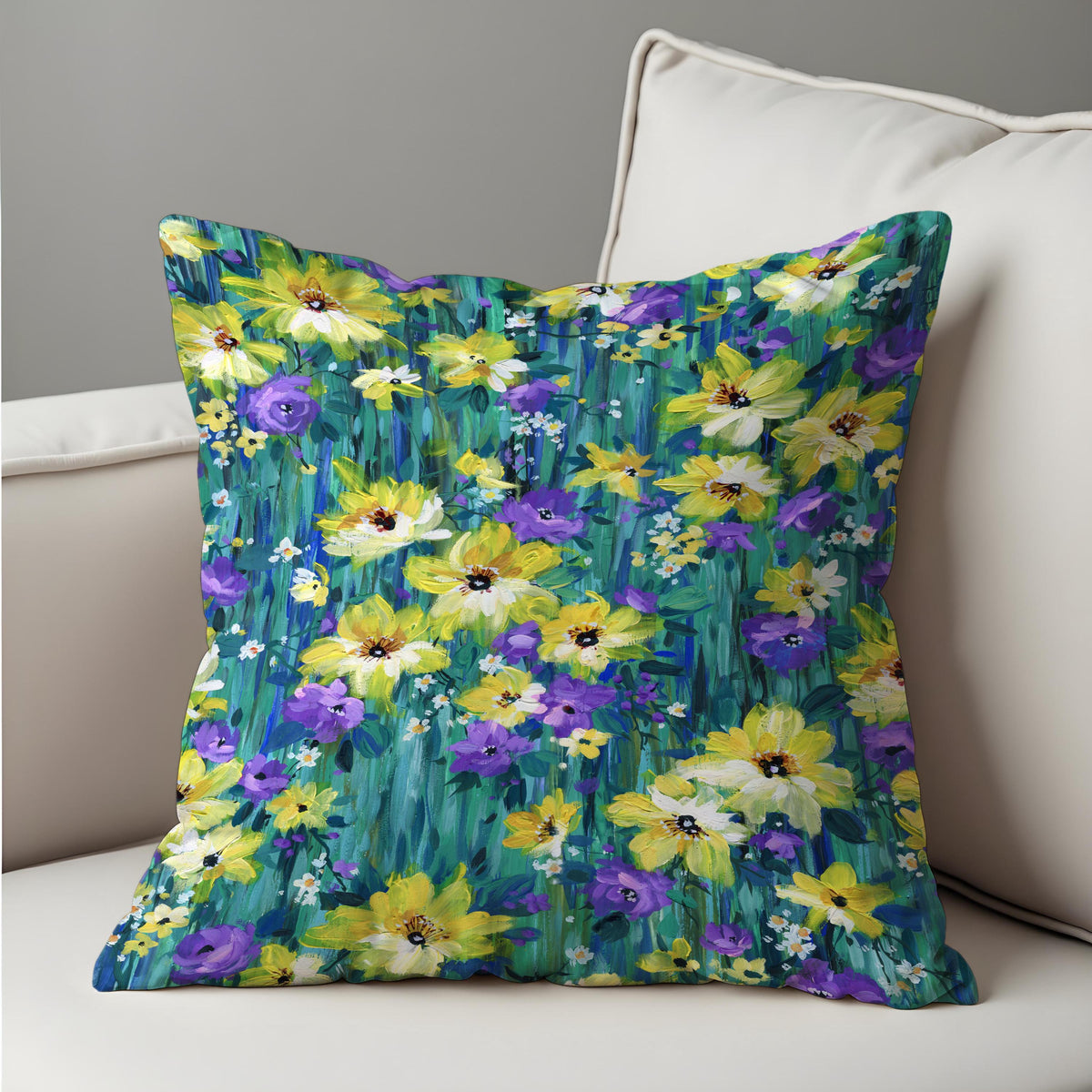 Yellow Blue Floral Cushion Cover, Botanical Pillow Case