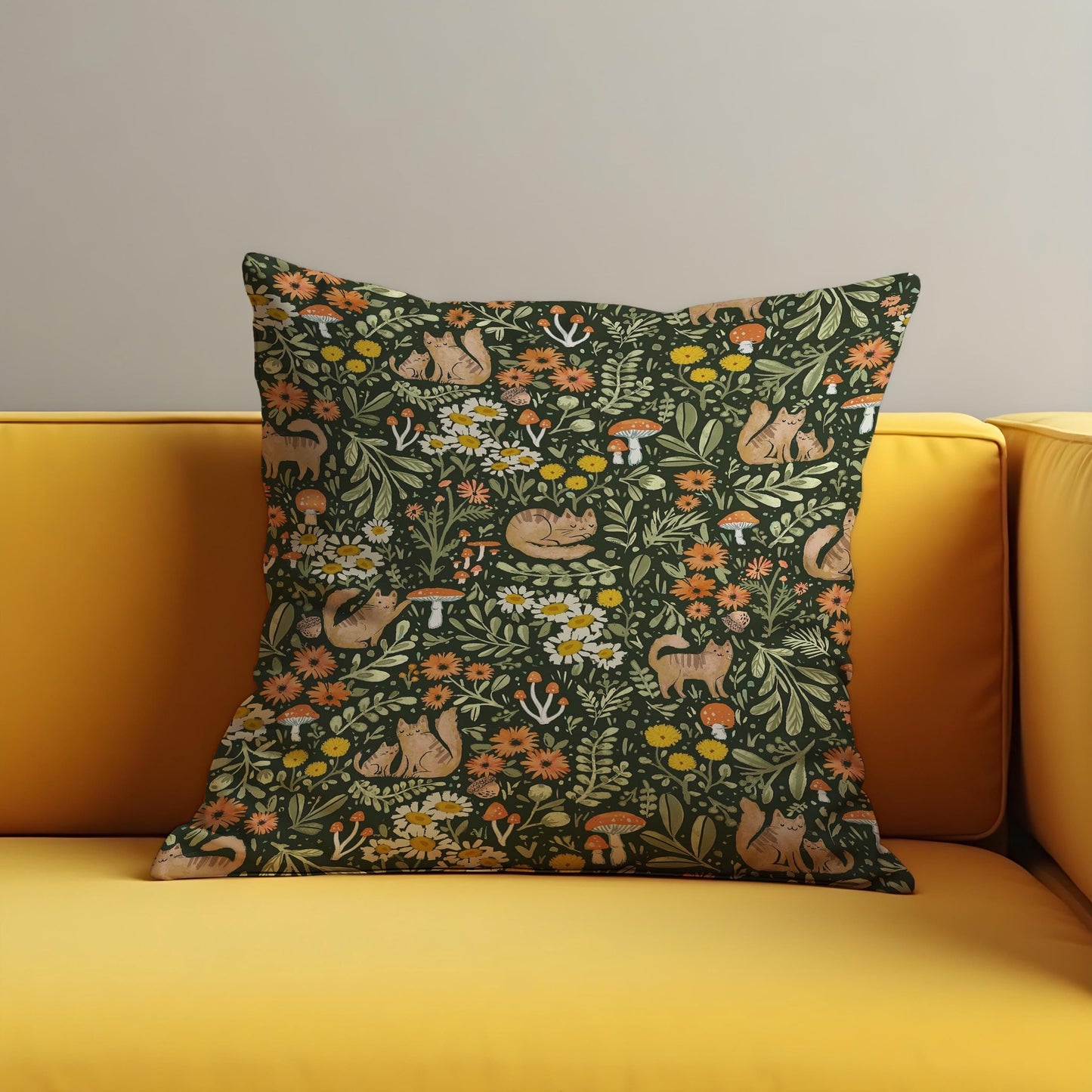 Whimsical Forest Cat Cushion Cover, Woodland Animals Pillow Case
