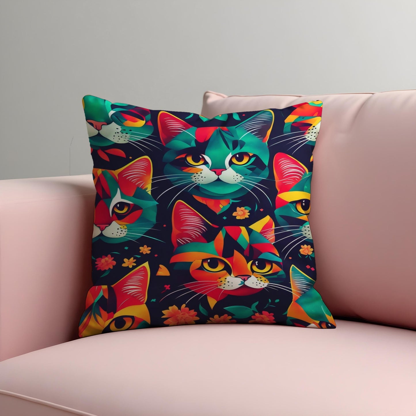 Colorful Cat Cushion Cover, Bold Abstract Kitty Faces Pillow Case