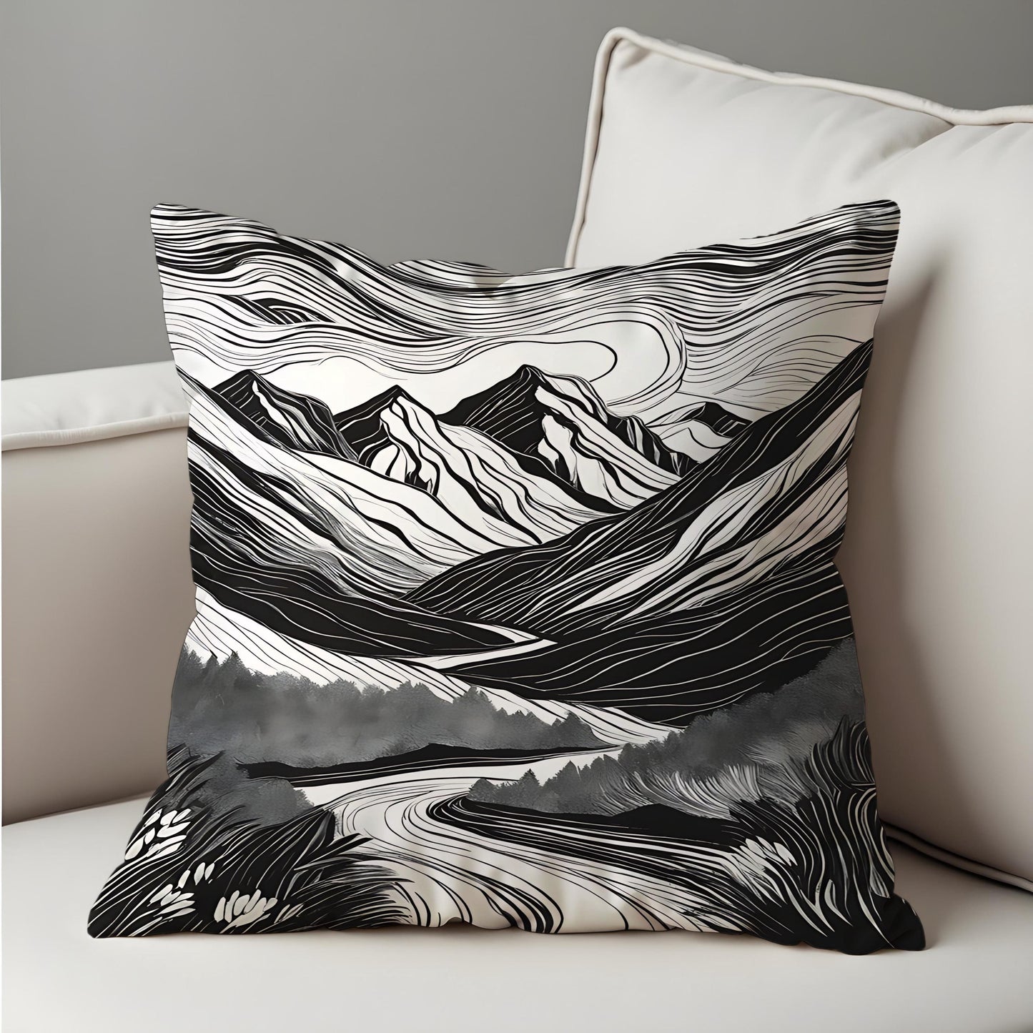 Black & White Mountain Cushion Cover, Monochrome Landscape Pillow Cover