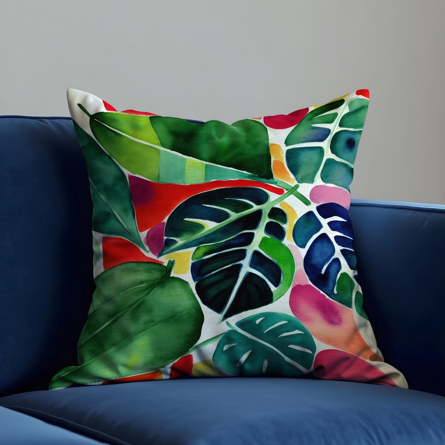 Tropical Watercolor Leaf Cushion Cover, Colorful Jungle Botanical Pillowcase