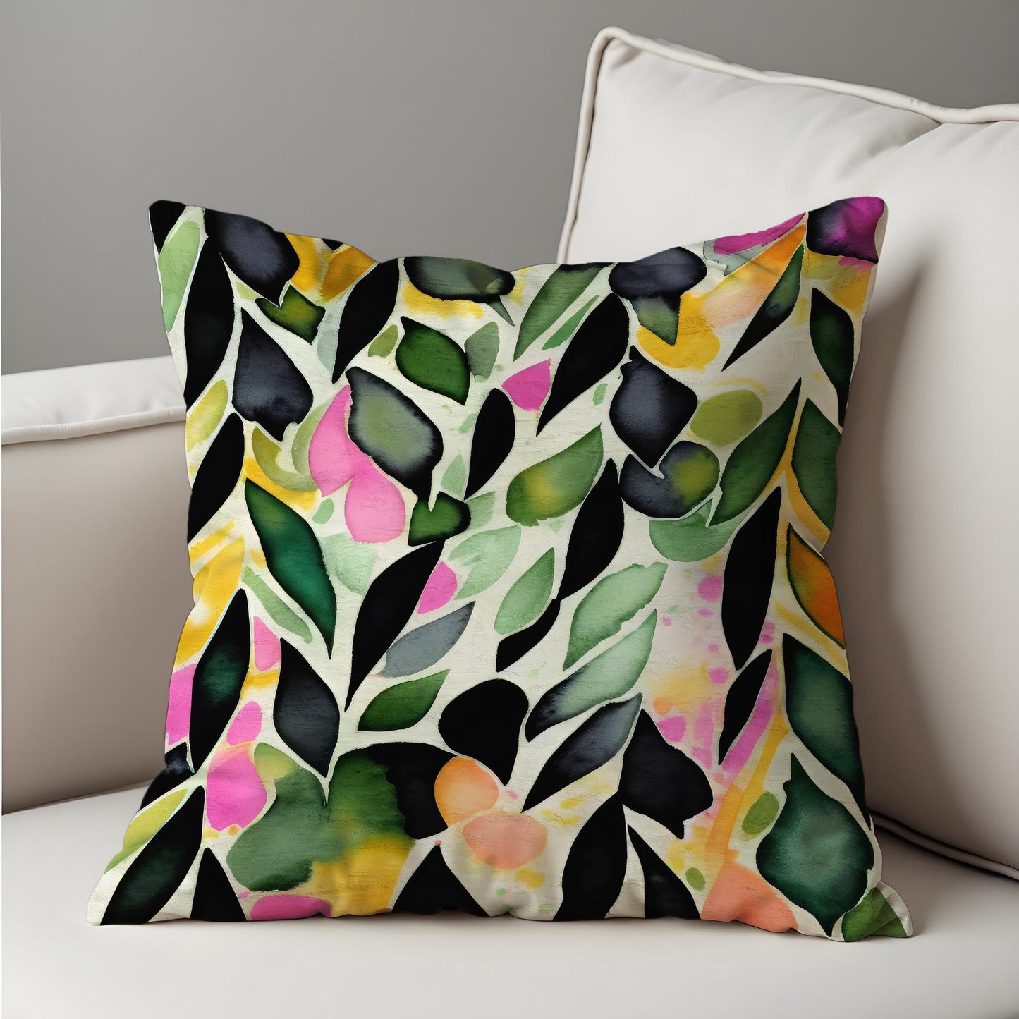 Watercolor Leaf Cushion Cover, Vibarant Colors Botanical Pillow Case
