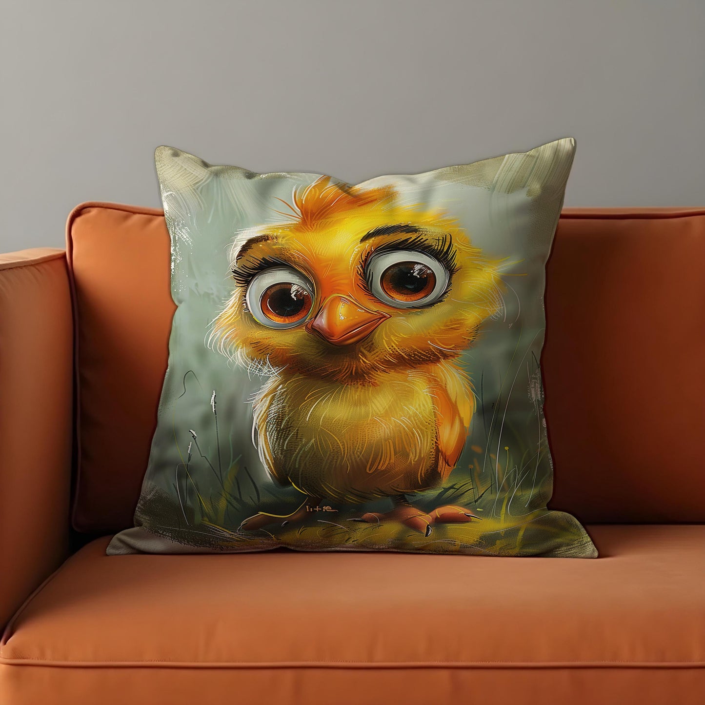 Cute Baby Chick Cushion Cover, Cartoon Style Yellow Bird Pillow Cover