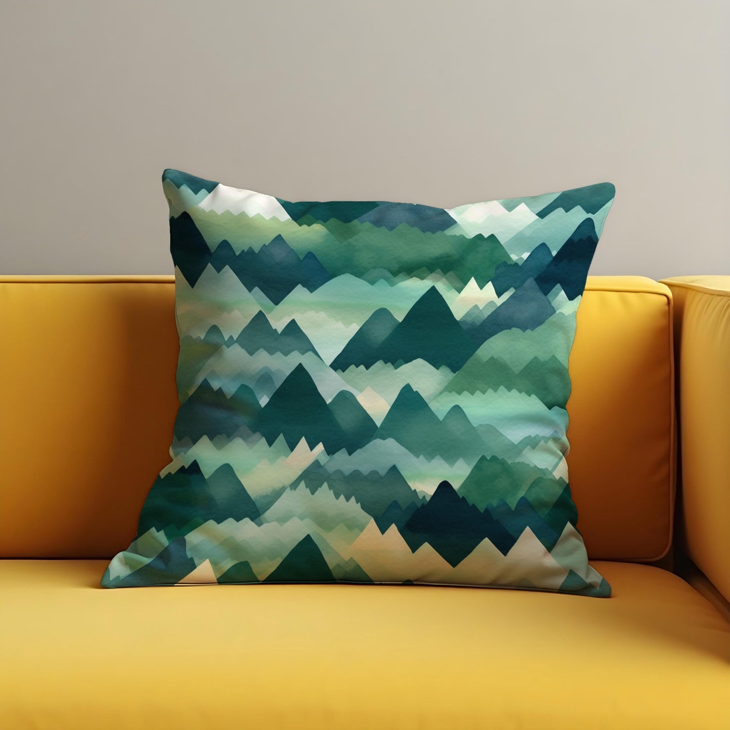Mountain Range Pillow Cover, Green & Teal Watercolor Landscape Cushion Case