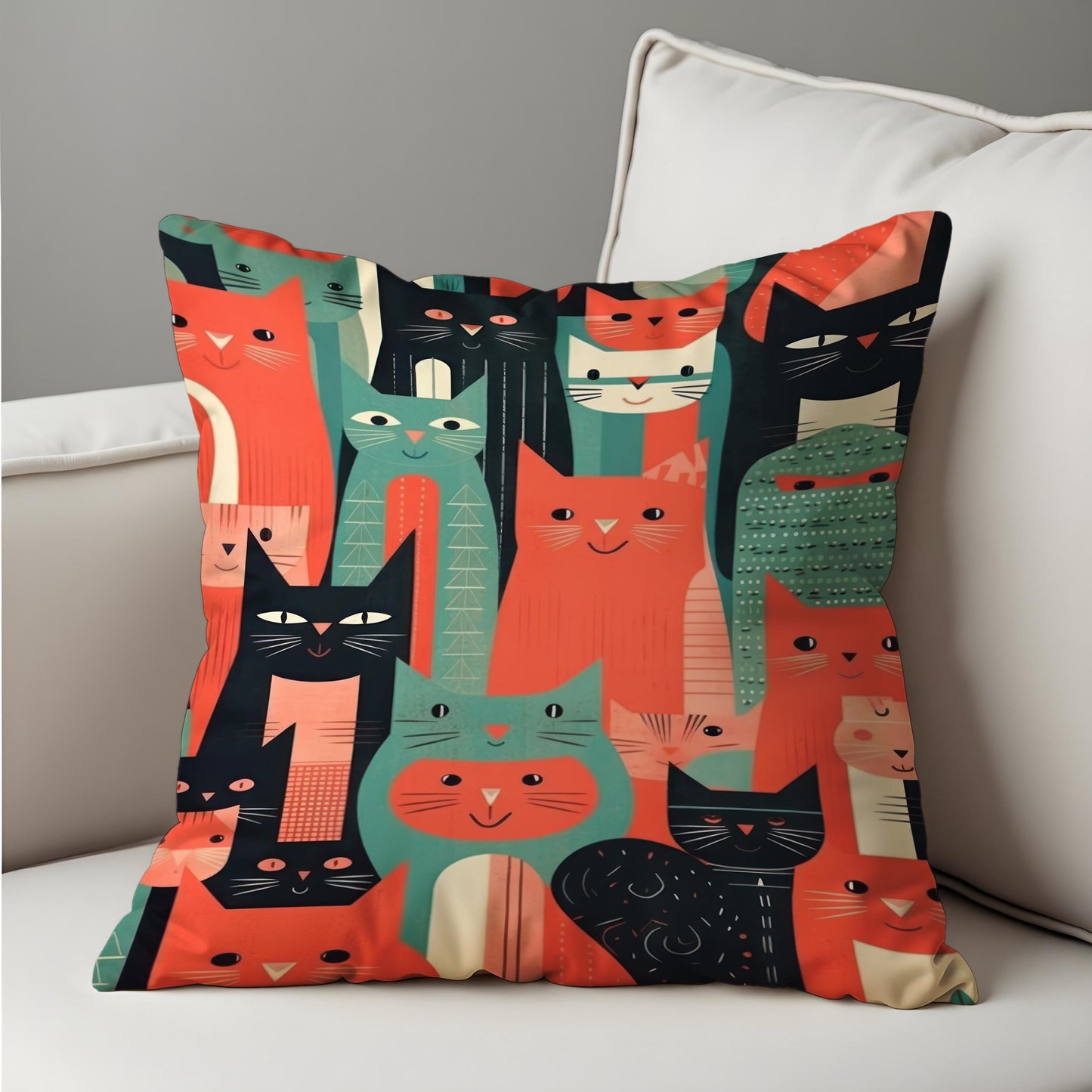 Colorful Cat Illustration Cushion Cover, Modern Retro Throw Pillow Cover